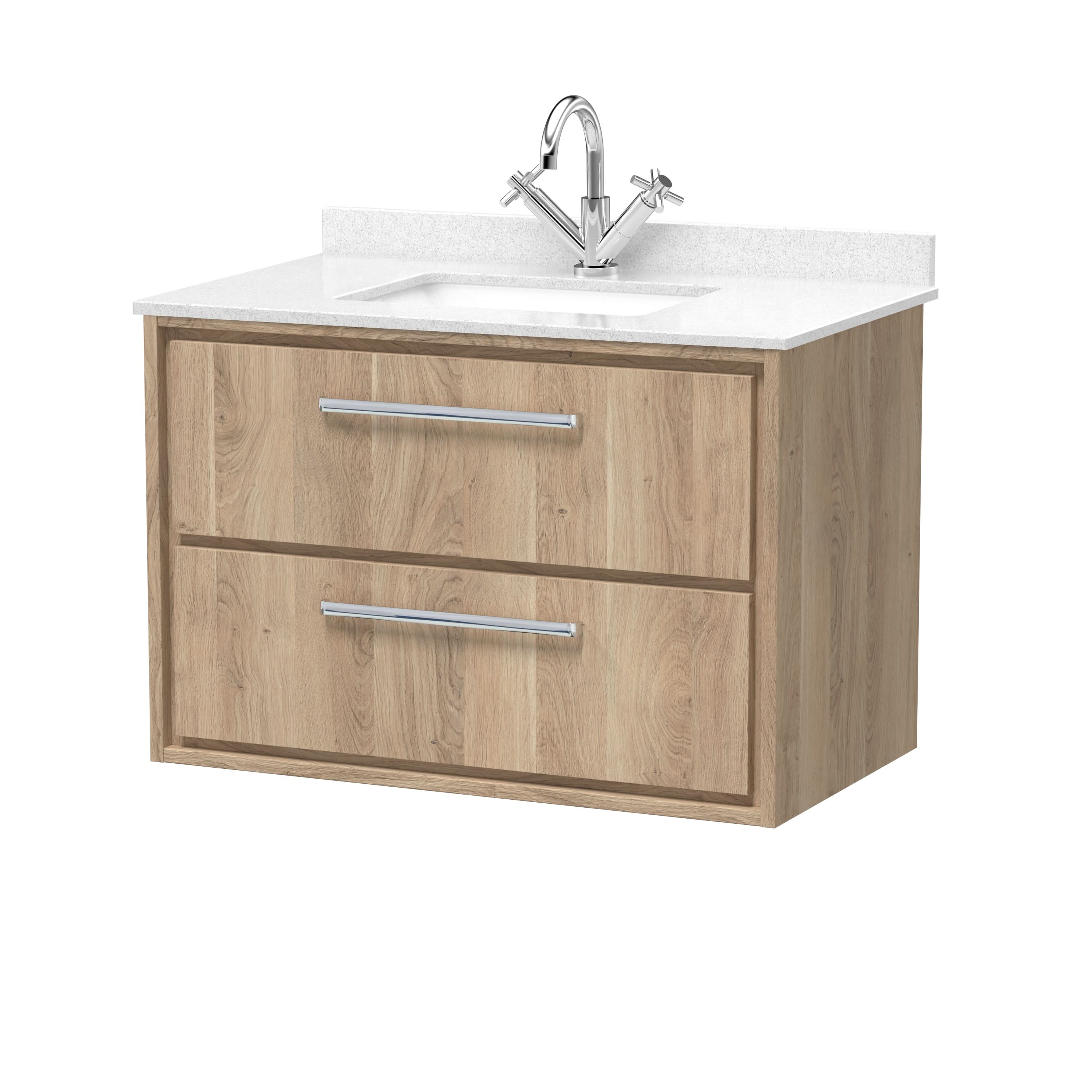 Hudson Reed Lille Wall Hung Vanity Unit with Marble Worktop & Basin, 1 Tap Hole, 2 Soft Close Drawers, Modern Sink Cabinet for Bathroom Storage in Bleached Oak, 800mm