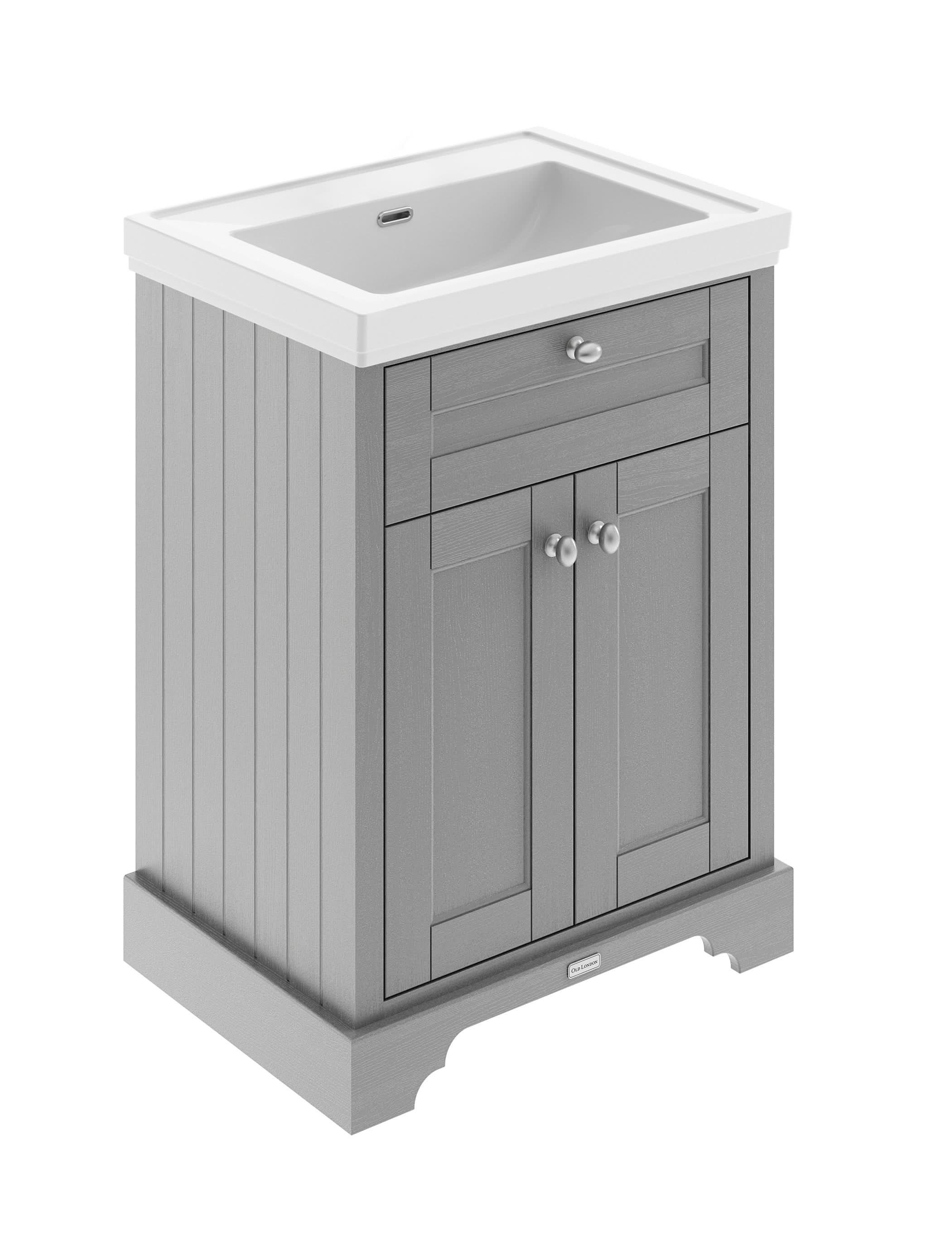 Old London Floor Standing Vanity Unit with Fireclay Basin Traditional 2 Door Sink Vanity Unit for Wall Mounted Taps, Bathroom Vanity Unit with Basin in Storm Grey, 600mm