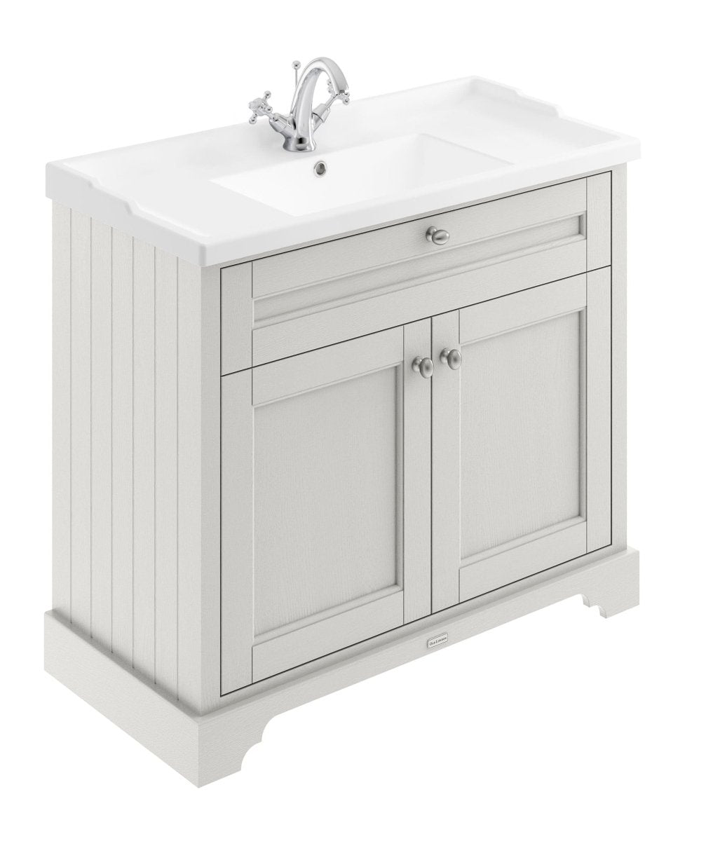 Old London Floor Standing Vanity Unit with Ceramic Basin, 2 Door Sink Vanity Unit, Traditional Bathroom Vanity Unit with 1 Tap Hole & Storage in Timeless Sand, 1000mm