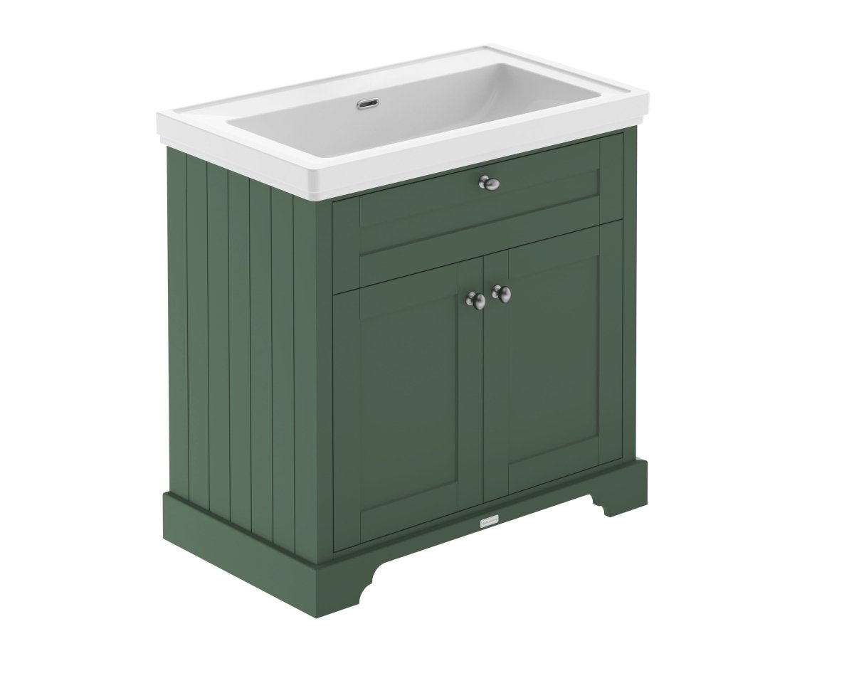 Old London Floor Standing Vanity Unit with Classic Fireclay Basin, Durable 2 Soft Close Doors, Traditional Style Sink Vanity Unit for Bathroom in Hunter Green, 800mm