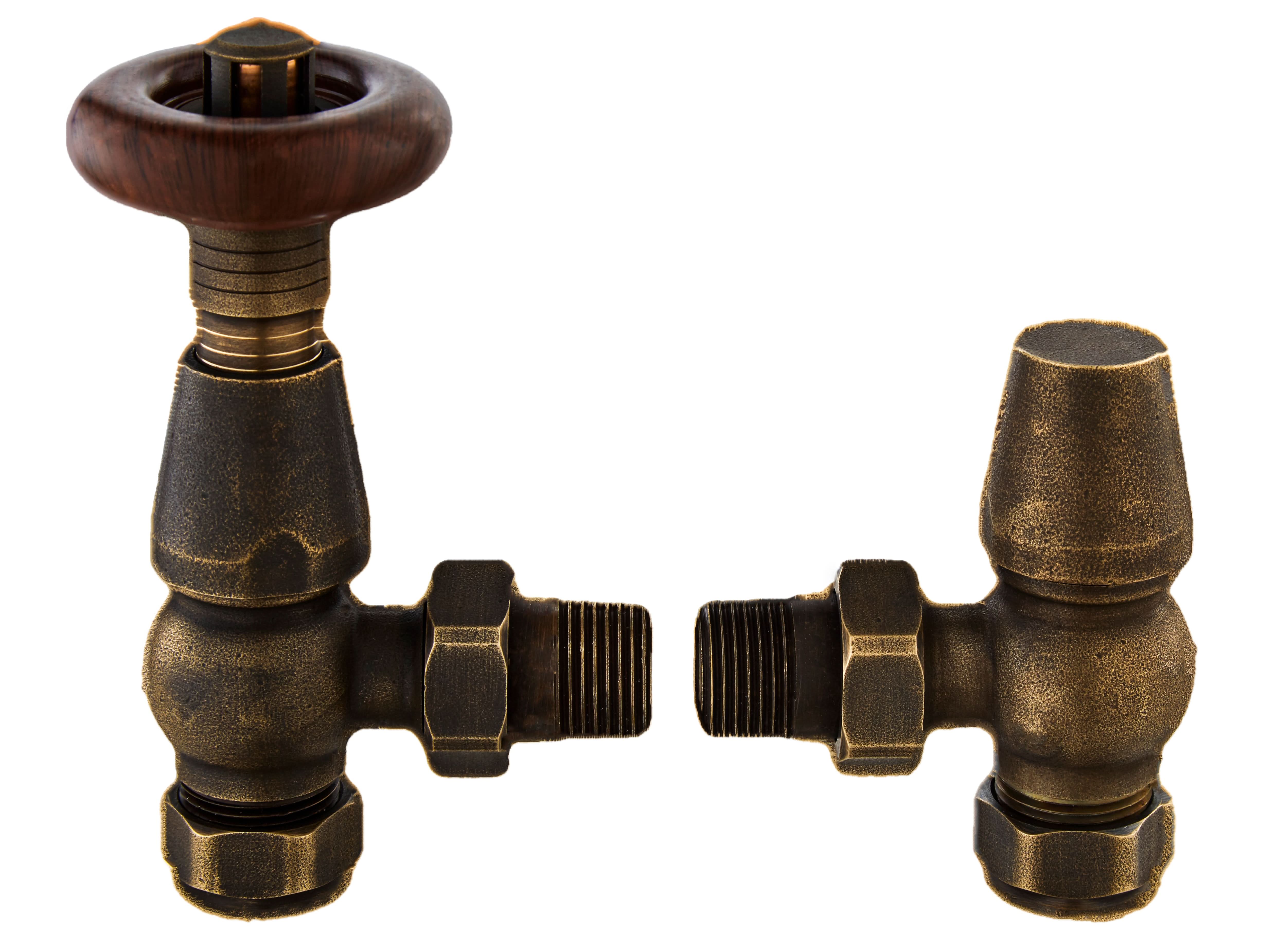Old London Camden Angled Traditional Thermostatic Radiator Valve Pack, Durable Heading Accessory Radiator Valves Pair in Antique Brass