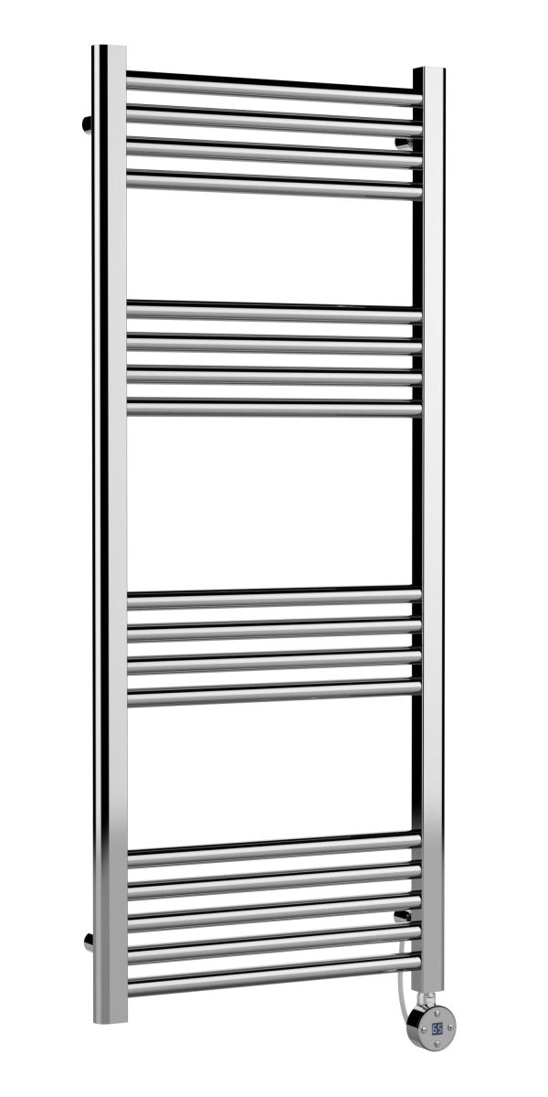 Hudson Reed Electric Round Straight Towel Radiator, Designer Heated Towel Rail with Thermostatic Control in Chrome, 1200x500