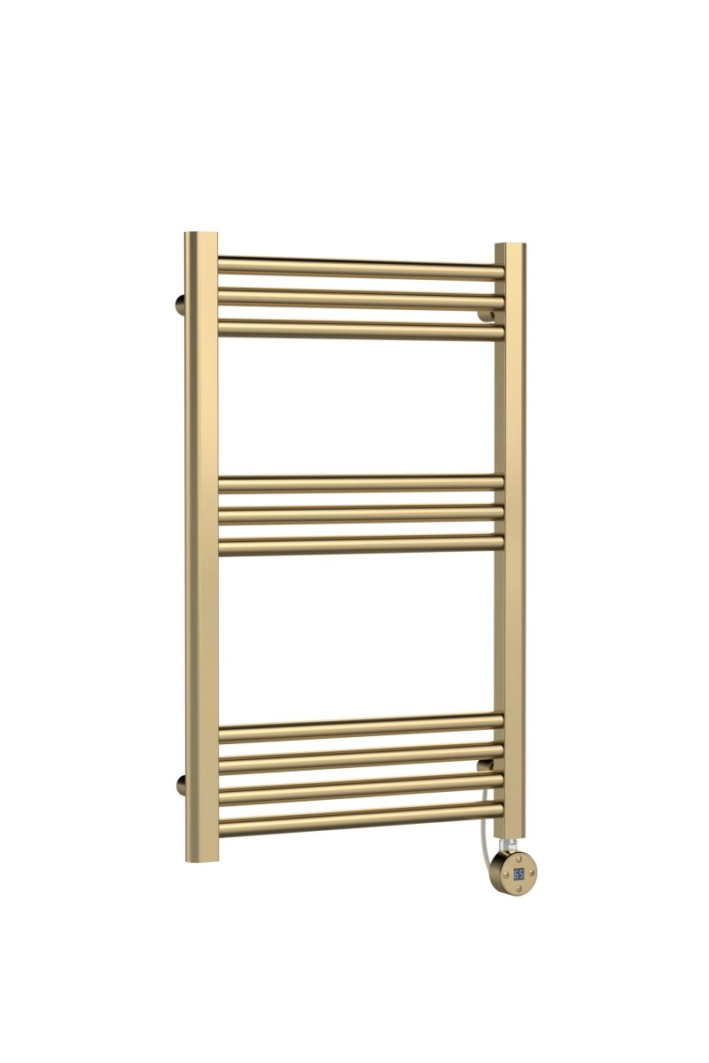 Hudson Reed Electric Round Straight Towel Radiator, Designer Heated Towel Rail with Thermostatic Control in Brushed Brass, 800x500mm