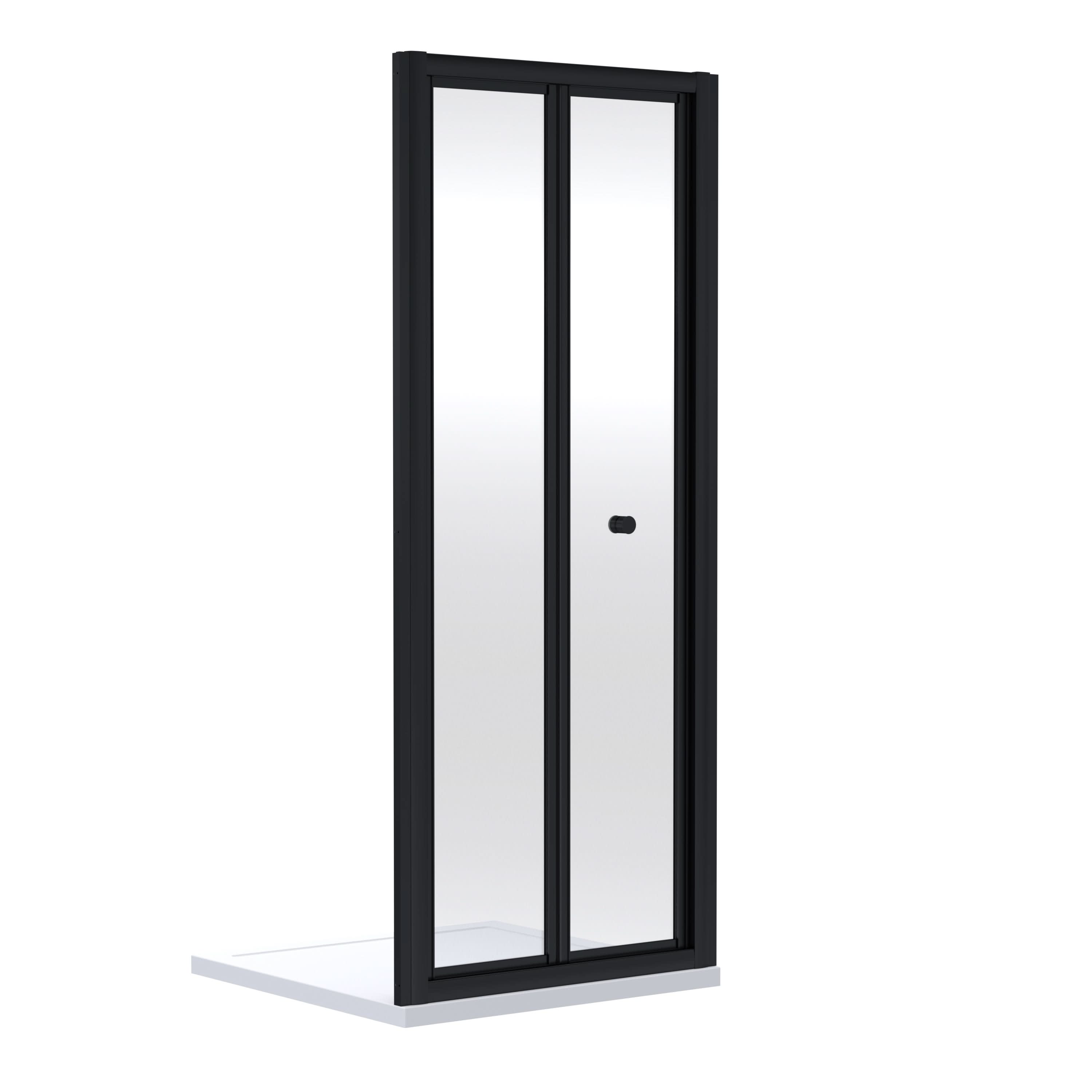 Nuie Rene Bi-Fold Shower Door, Durable Toughened Glass Space-Saving Folding Screen, Reversible Fit Bifold Shower Enclosure or Bath Screen in Matt Black Frame, 700mm