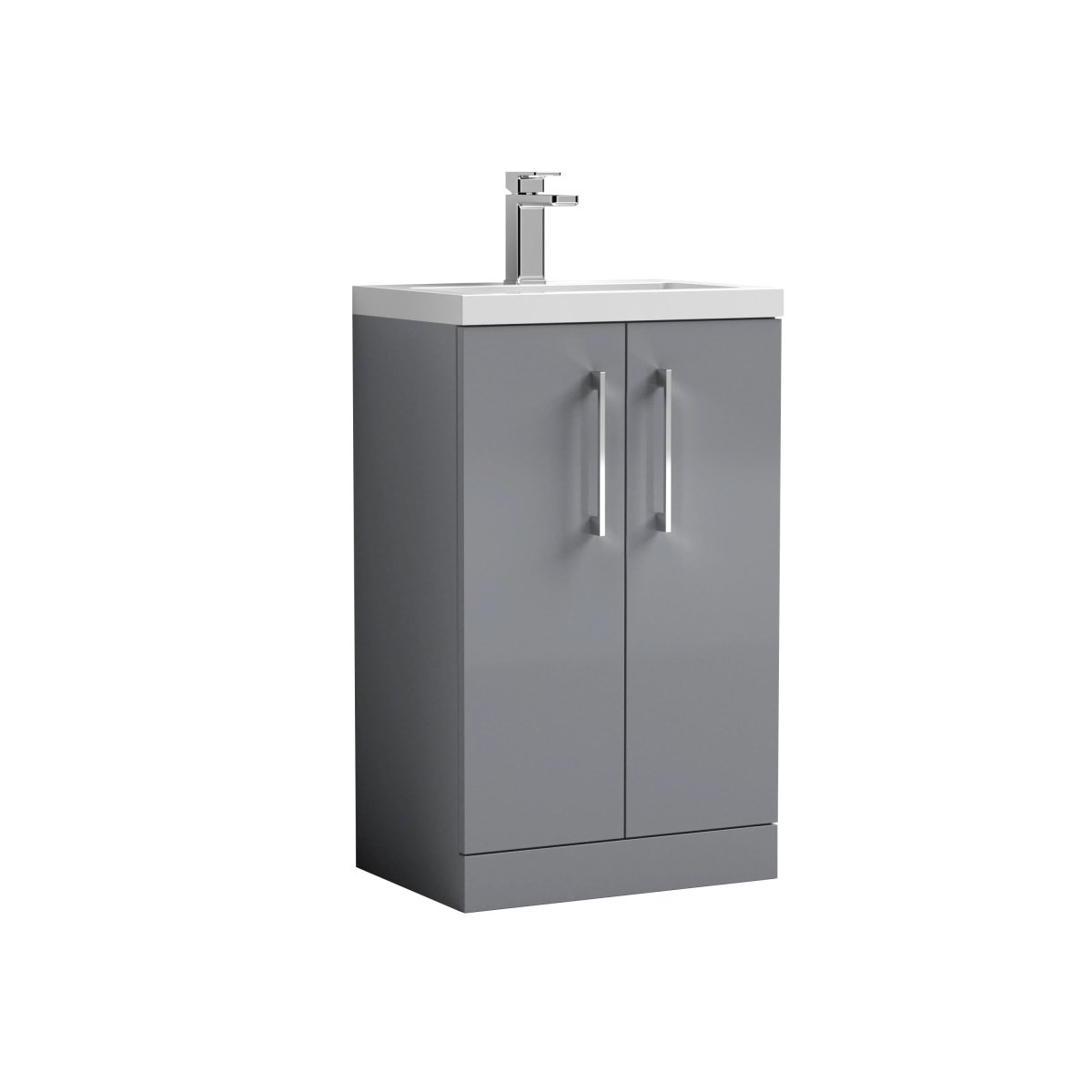Hudson Reed Arno Compact Floor Standing 2 Door Vanity Unit with Ceramic Basin, Durable Modern Vanity Unit in Satin Grey, 500mm