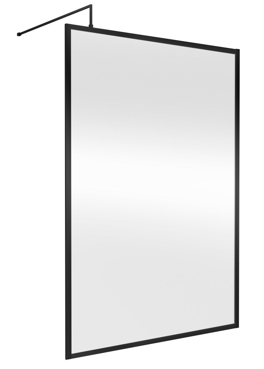 Hudson Reed Full Outer Frame Wetroom Screen, Toughened Glass with Support Bar & Wetroom Shower Screen in Matt Black, 1950x1400mm