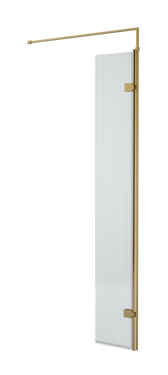 Nuie Fluted Wetroom Swing Return Screen, Durable Toughened Safety Glass Wet Room Panel Screen in Brushed Brass, 300 x 1850mm