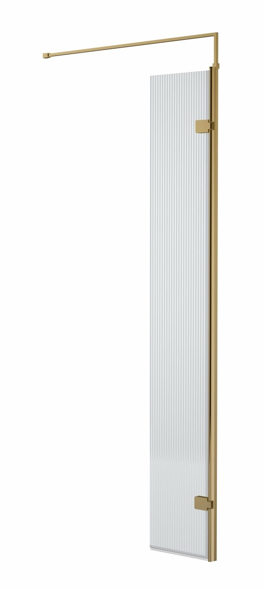Nuie Fluted Wetroom Swing Return Screen, Durable Toughened Safety Glass Wet Room Panel Screen in Brushed Brass, 300 x 1950mm