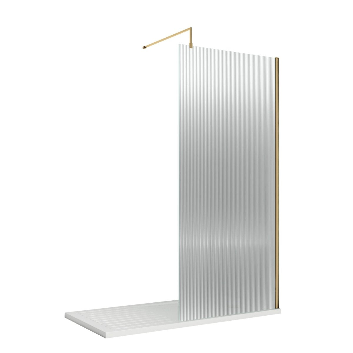 Nuie Fluted Wetroom Screen with Support Bar, Durable Toughened Safety Glass Wet Room Glass Panel in Brushed Brass, 900 x 1950mm