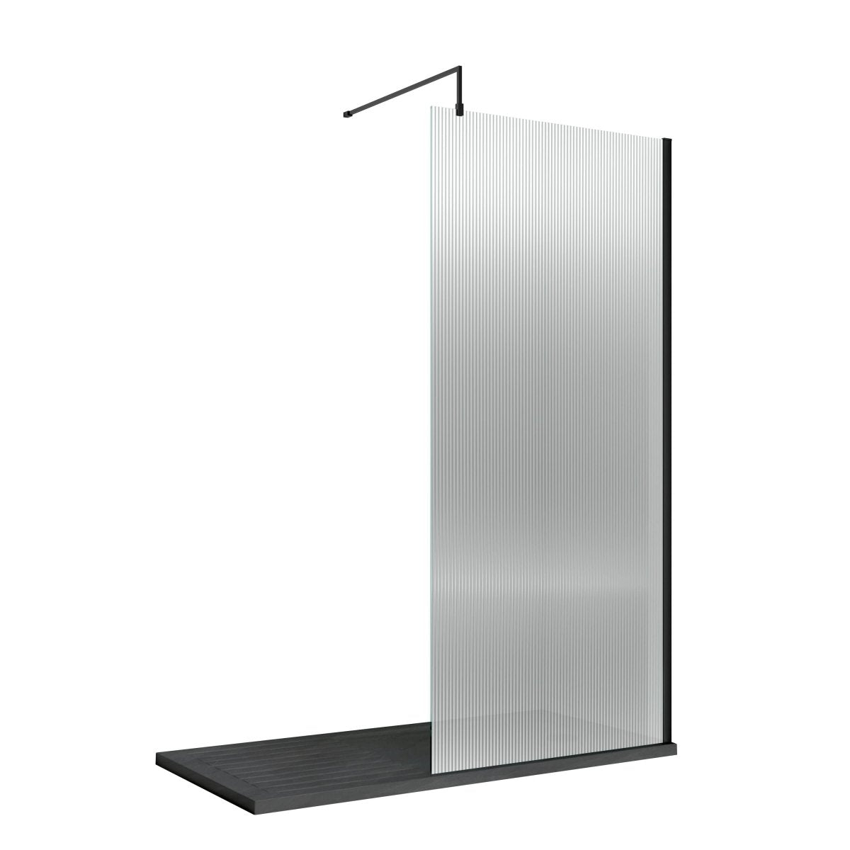 Nuie Fluted Wetroom Screen with Support Bar, Durable Toughened Safety Glass Wet Room Glass Panel in Matt Black, 900 x 1950mm