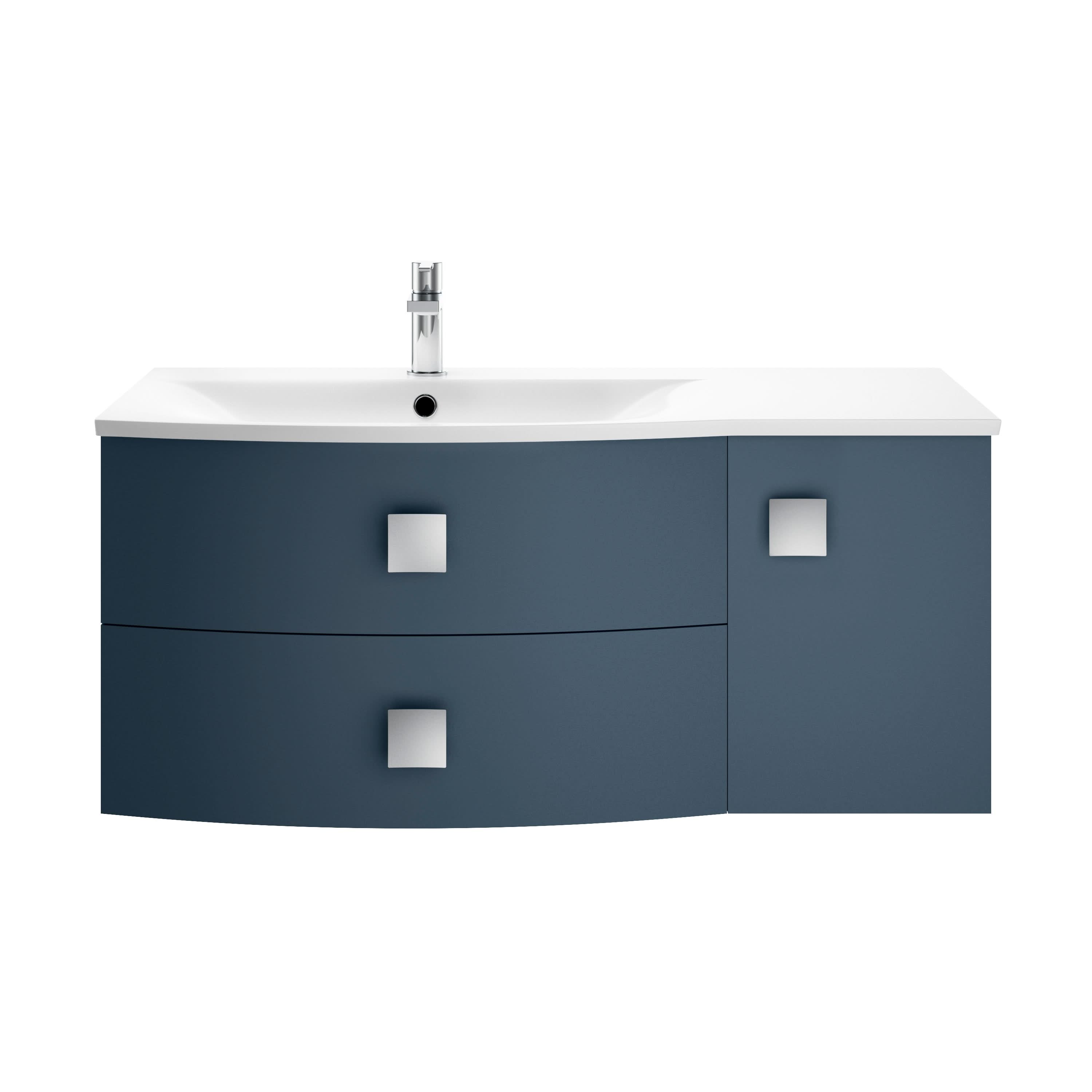 Hudson Reed Sarenna Wall Hung Vanity Unit with Basin, Left Hand 2 Drawer 1 Door Bathroom Sink Cabinet in Mineral Blue, 1000mm