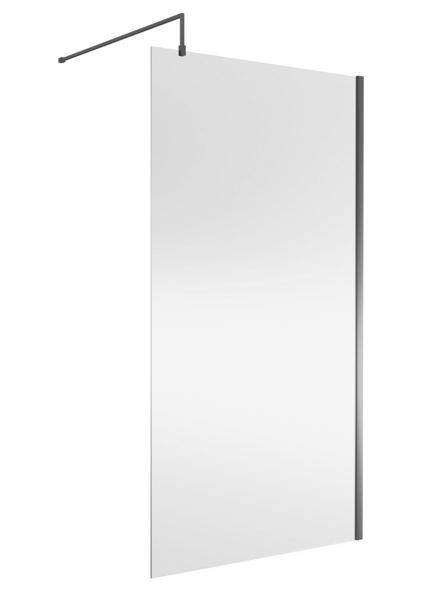 Nuie Wetroom Screen, Durable Toughened Fixed Glass Bathroom Shower Screen with Support Bar in Brushed Pewter, 1100 x 1850mm