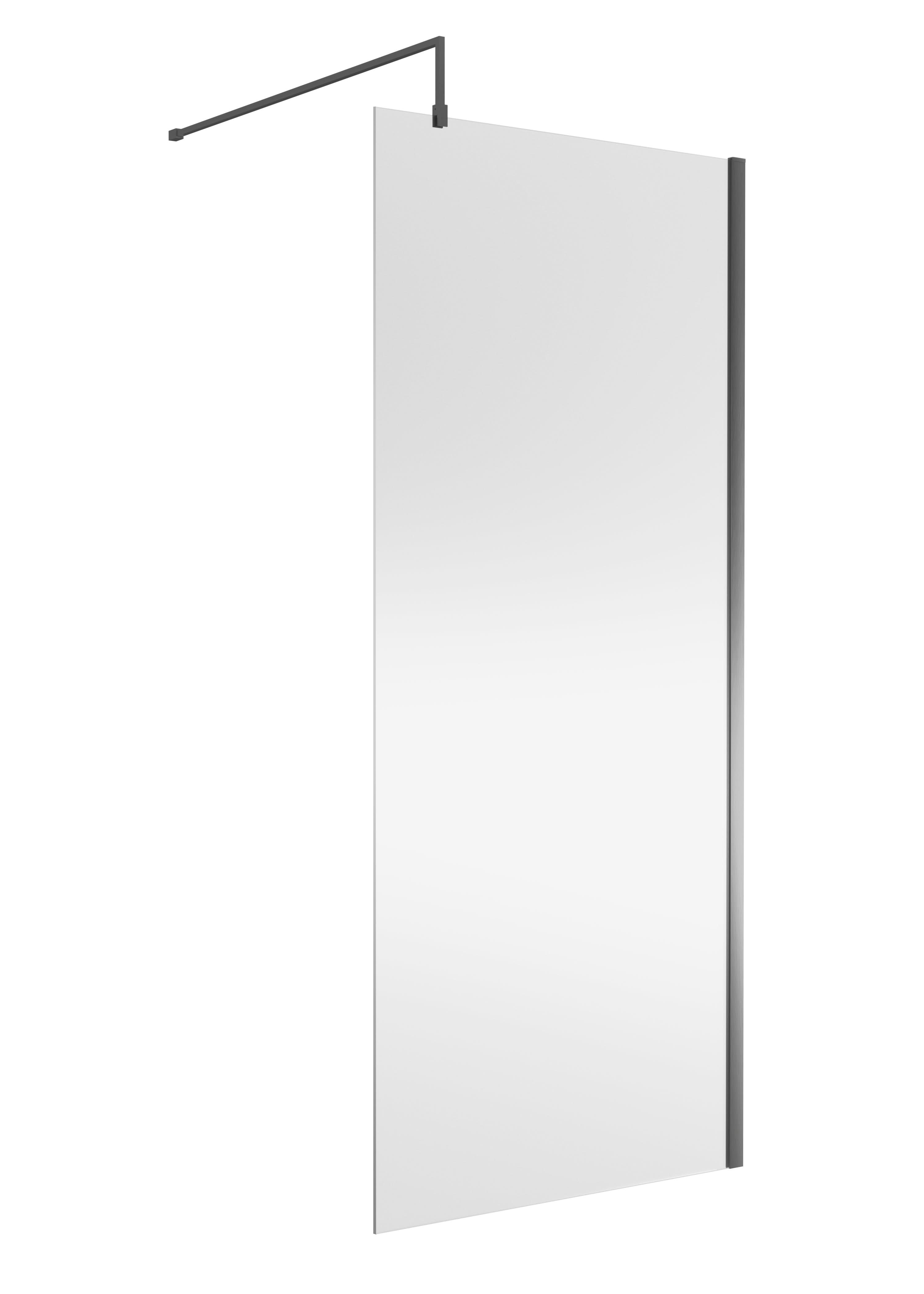 Nuie Wetroom Screen, Durable Toughened Fixed Glass Bathroom Shower Screen with Support Bar in Brushed Pewter, 900 x 1850mm