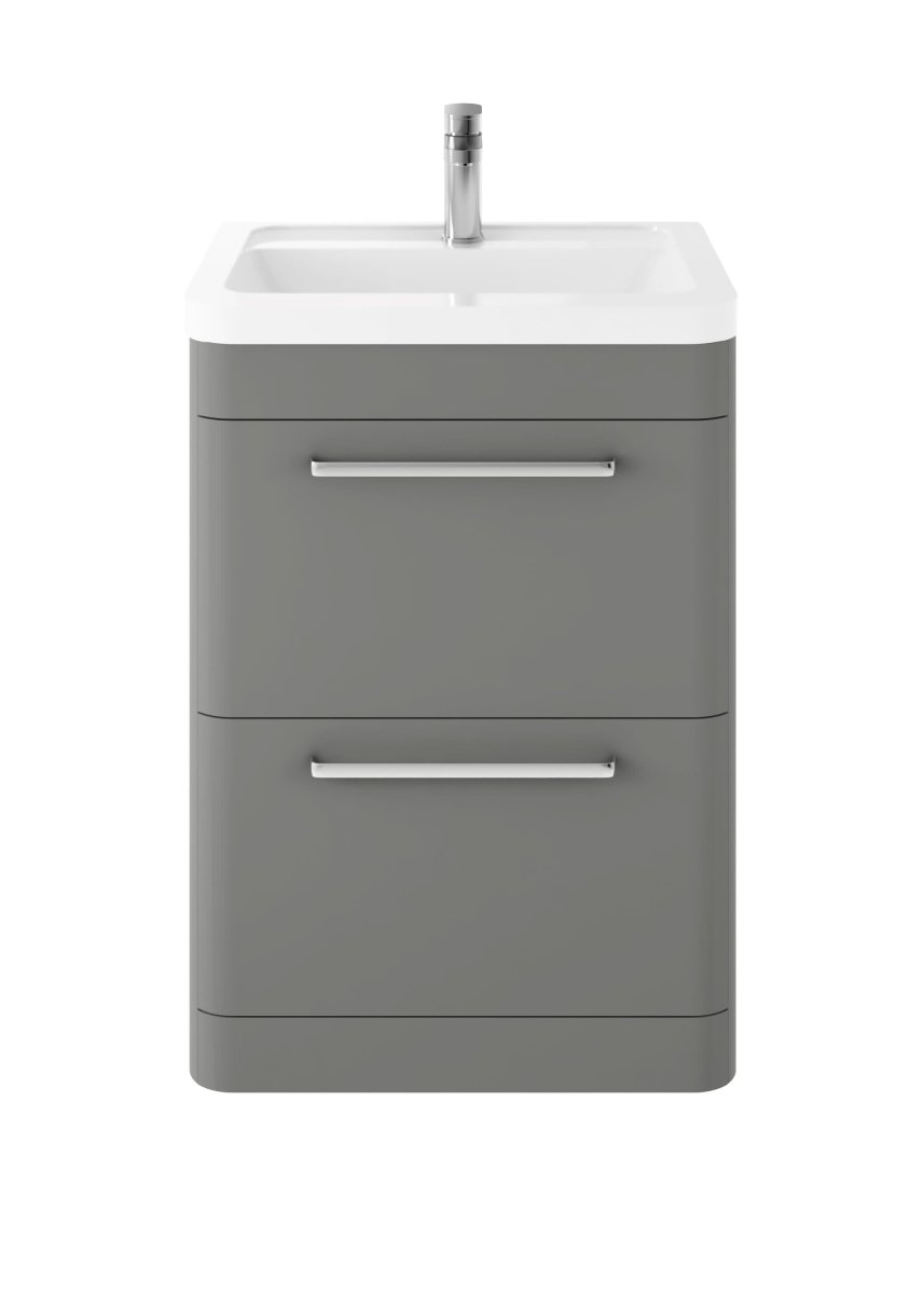 Hudson Reed Solar Floor Standing 2 Door Vanity Unit with Ceramic Basin, Durable Modern Vanity Unit in Cool Grey, 600mm