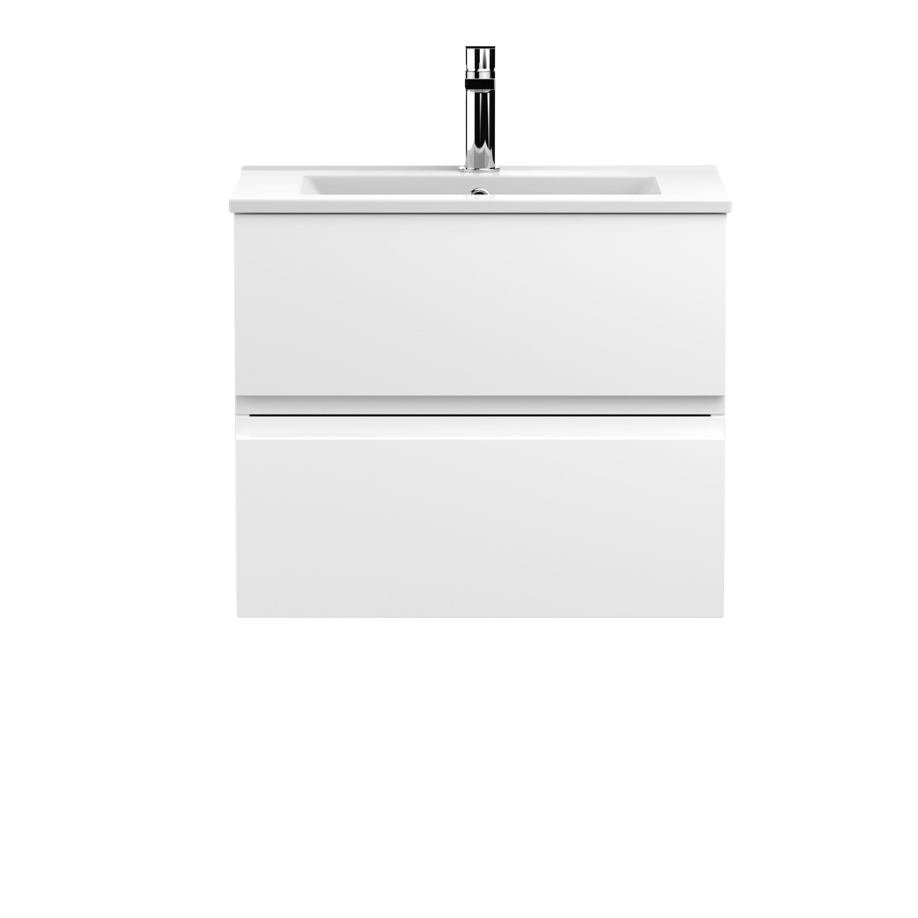 Hudson Reed Urban Wall Hung 2 Drawer Vanity Unit with Minimalist Ceramic Basin, Modern Bathroom Furniture in Satin White, 600mm