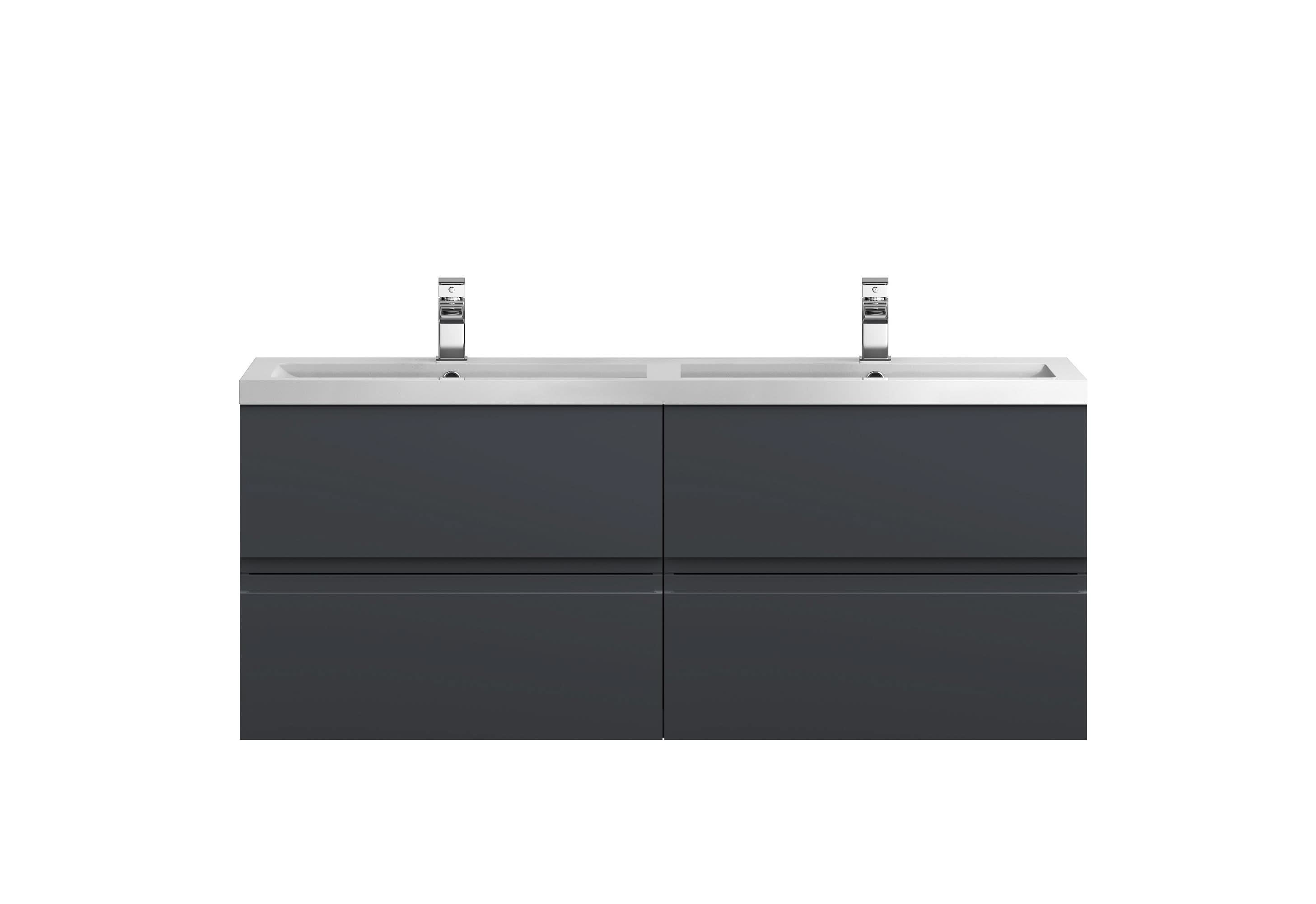 Hudson Reed Urban Wall Hung 4 Drawer Vanity Unit with Double Polymarble Basin, Modern Bathroom Furniture in Soft Black, 1200mm