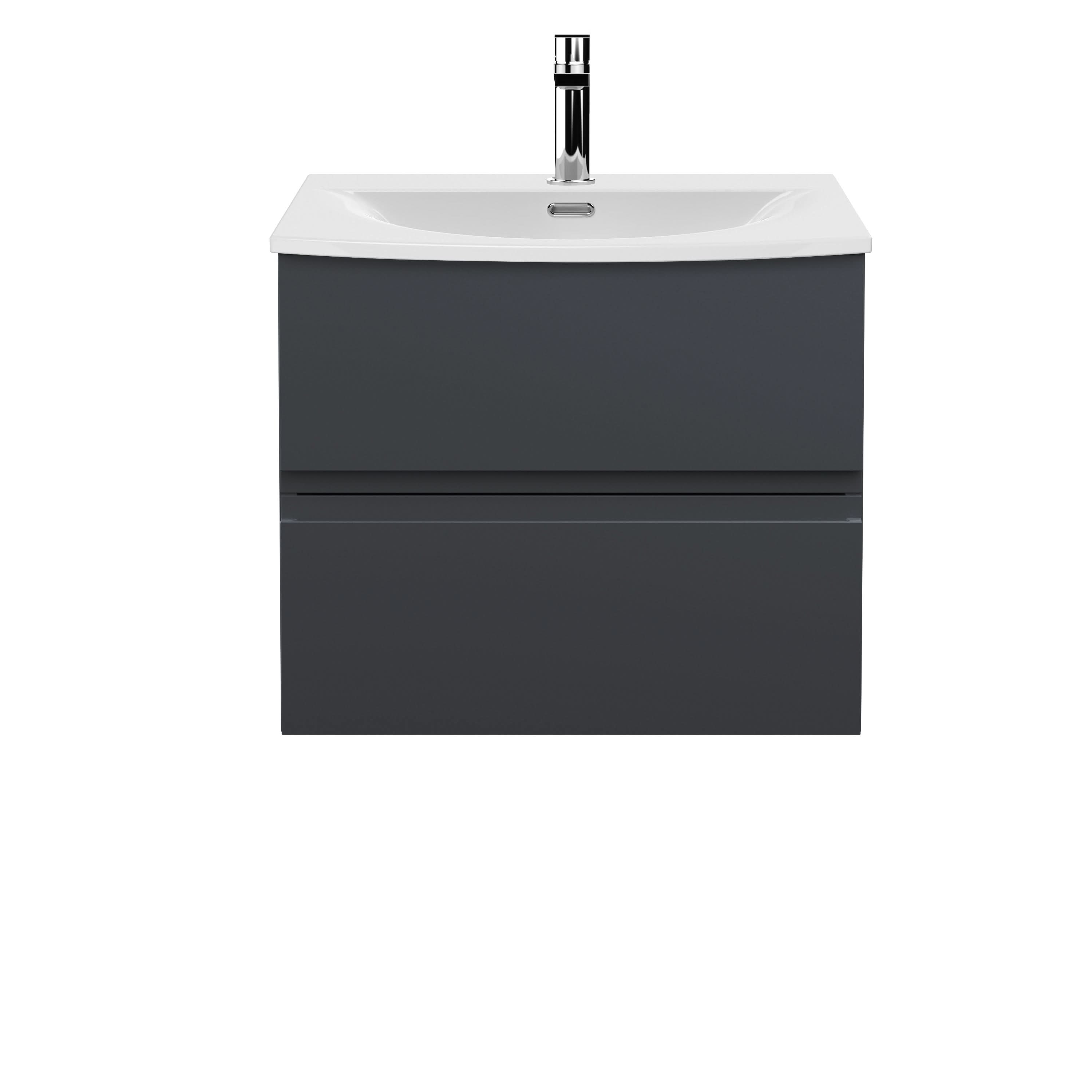 Hudson Reed Urban Wall Hung 2 Drawer Vanity Unit with Curved Ceramic Basin, Modern Bathroom Furniture in Soft Black, 600mm