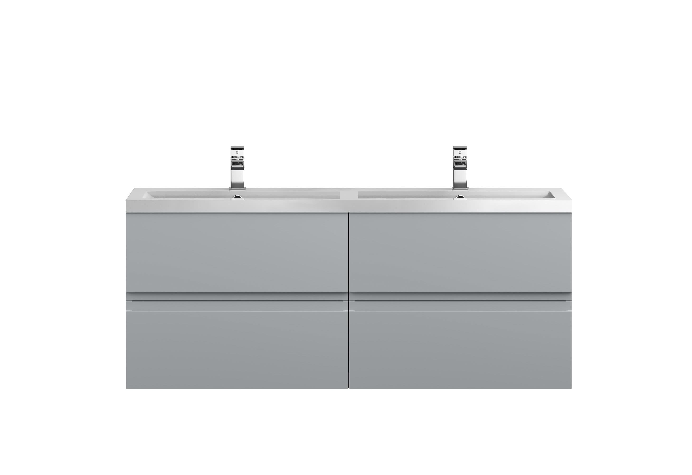 Hudson Reed Urban Wall Hung 4 Drawer Vanity Unit with Double Polymarble Basin, Modern Bathroom Furniture in Satin Grey, 1200mm