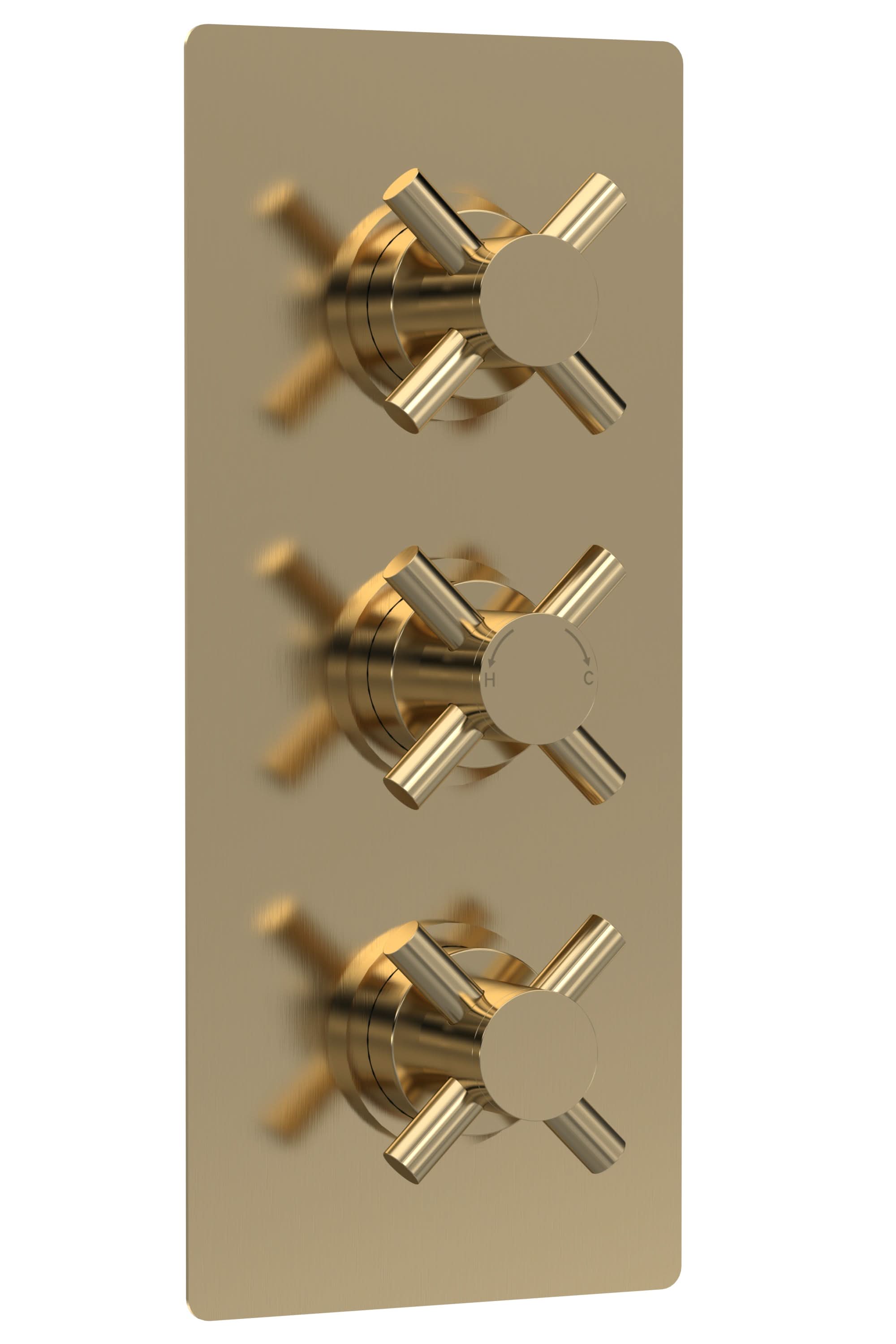 Hudson Reed Tec Crosshead Triple Thermostatic Shower Valve with Diverter and 3 Crosshead Handles, Best Brass Build Concealed Fit Bathroom Shower Accessory in Brushed Brass