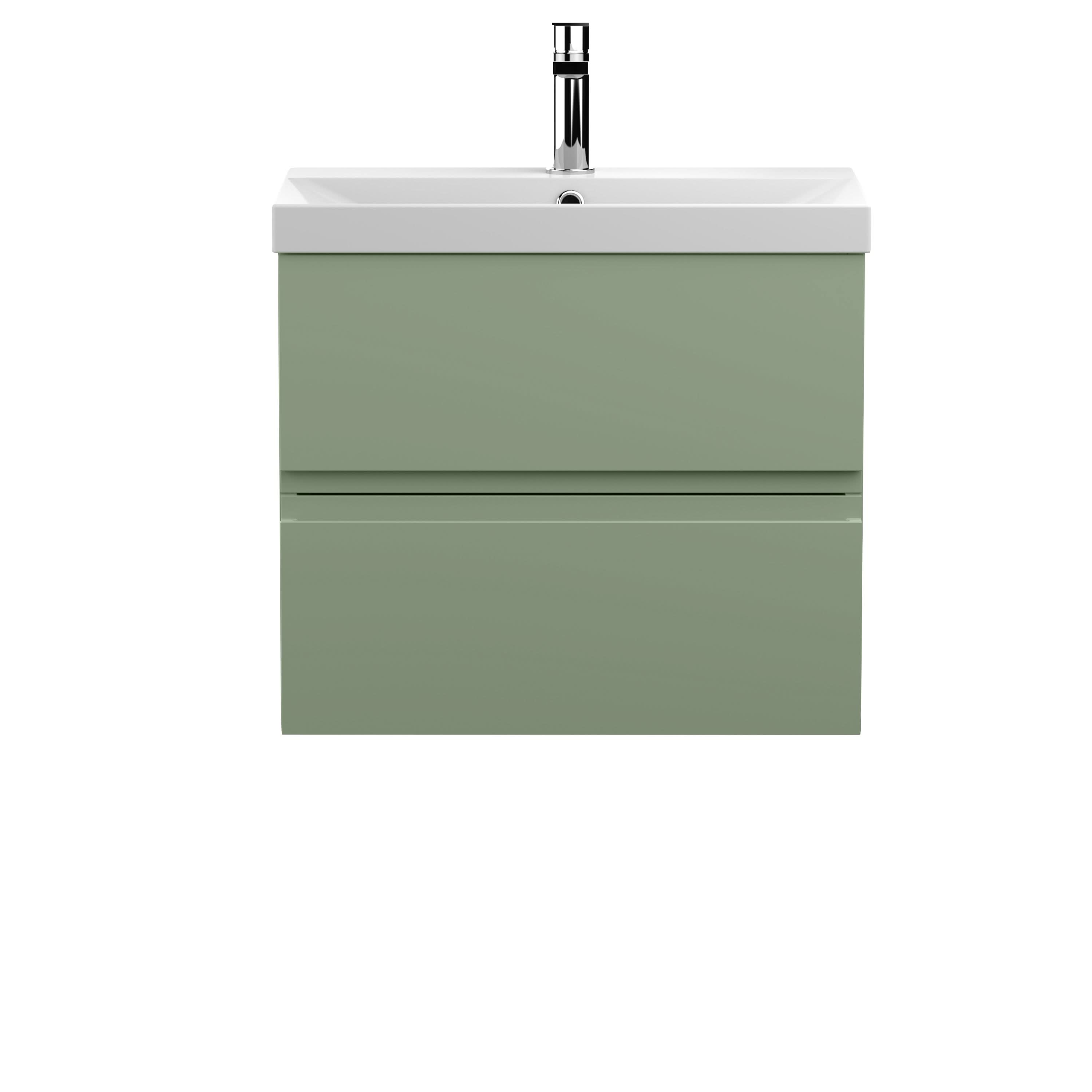 Hudson Reed Urban Wall Hung 2 Drawer Vanity Unit with Thin-Edge Ceramic Basin, Modern Bathroom Furniture in Satin Green, 600mm