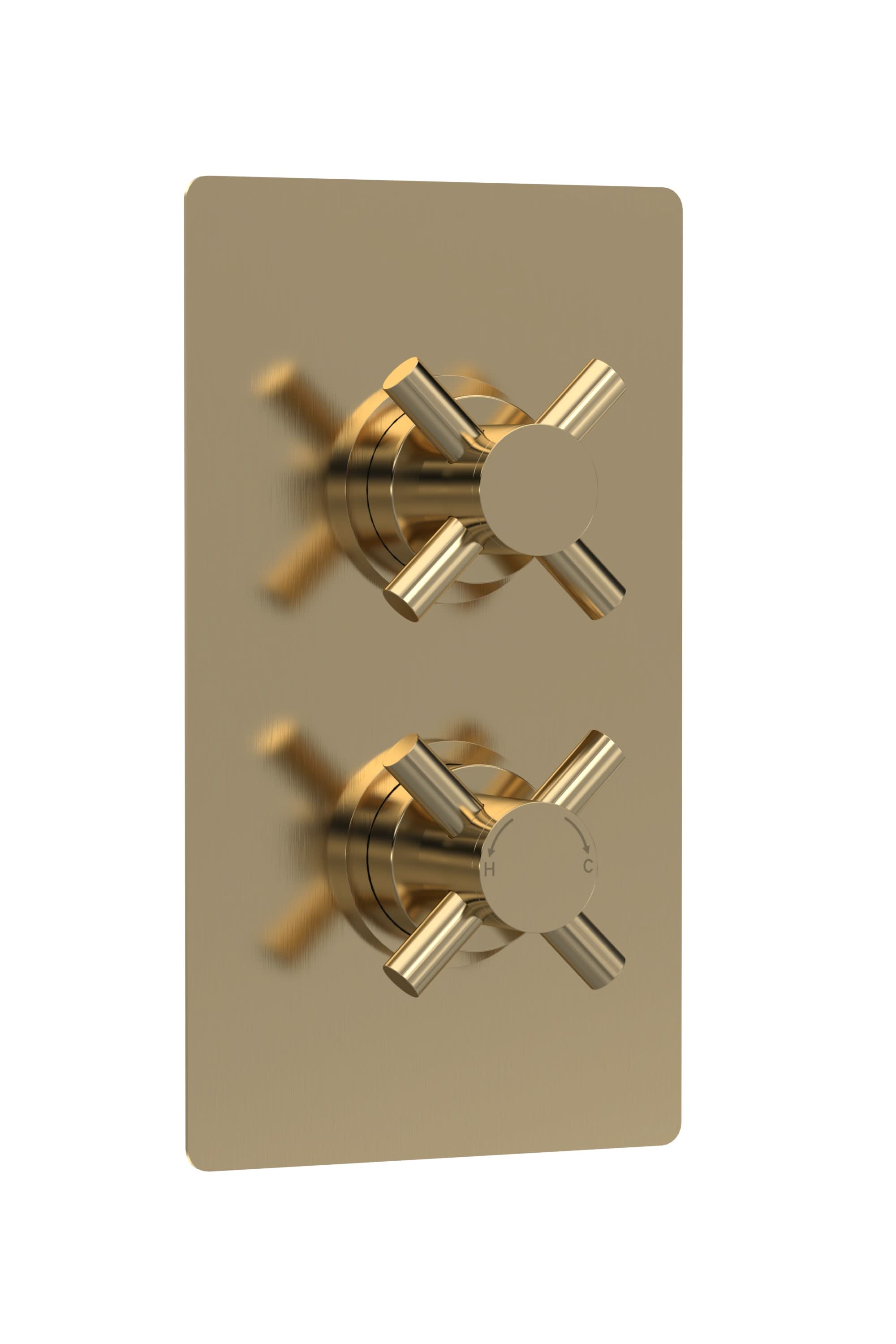 Hudson Reed Tec Crosshead Twin Thermostatic Shower Valve with Diverter and 2 Crosshead Handles, Best Brass Build Concealed Fit Bathroom Shower Accessory in Brushed Brass