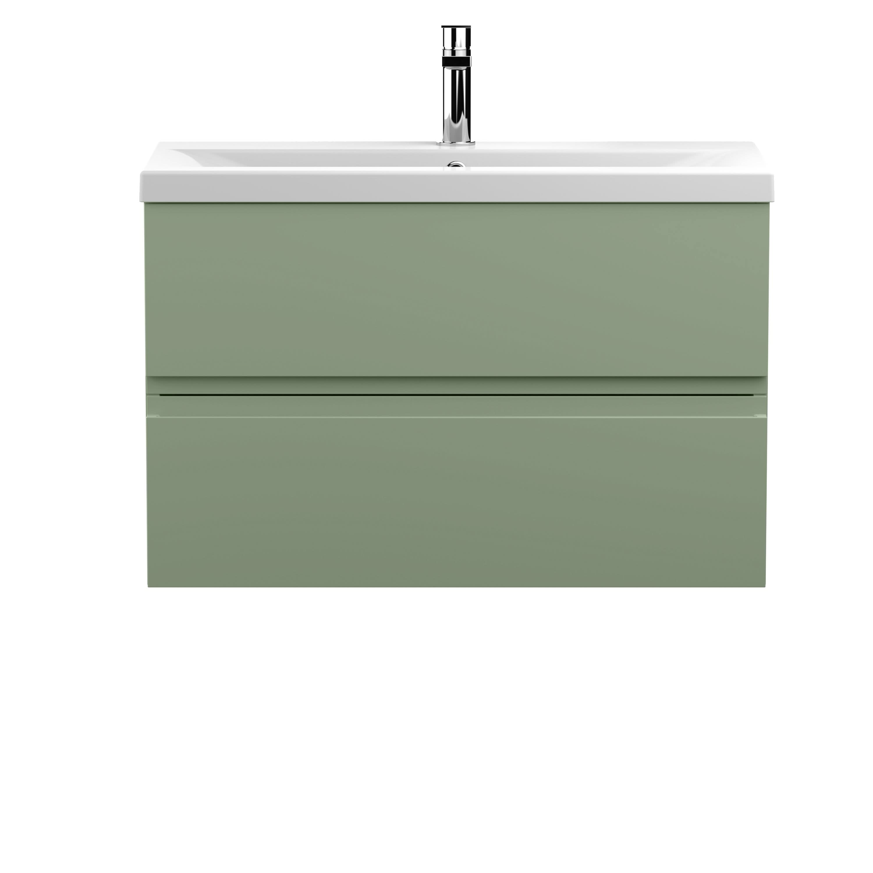 Hudson Reed Urban Wall Hung 2 Drawer Vanity Unit with Mid-Edge Ceramic Basin, Modern Bathroom Furniture in Satin Green, 800mm