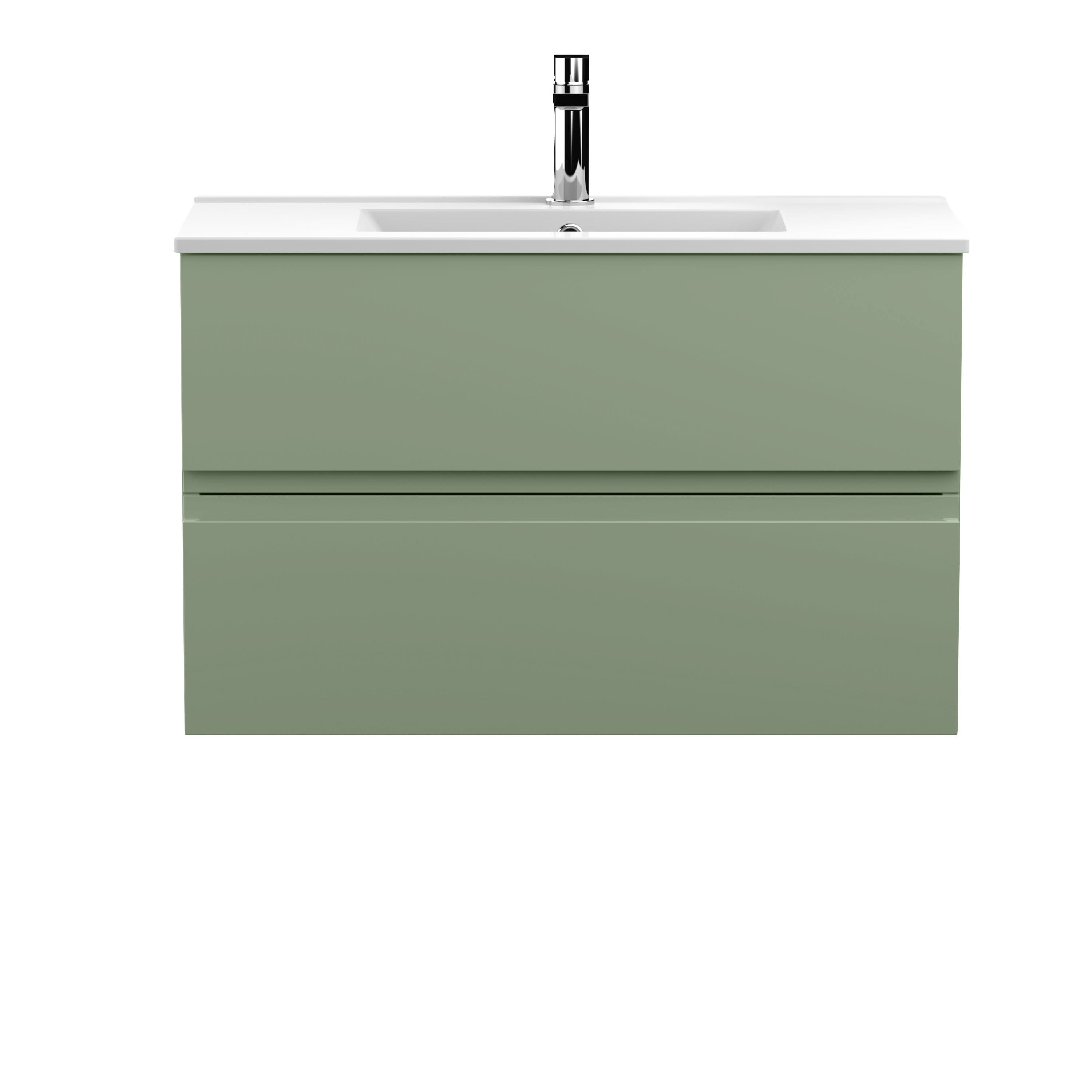 Hudson Reed Urban Wall Hung 2 Drawer Vanity Unit with Minimalist Ceramic Basin, Modern Bathroom Furniture in Satin Green, 800mm