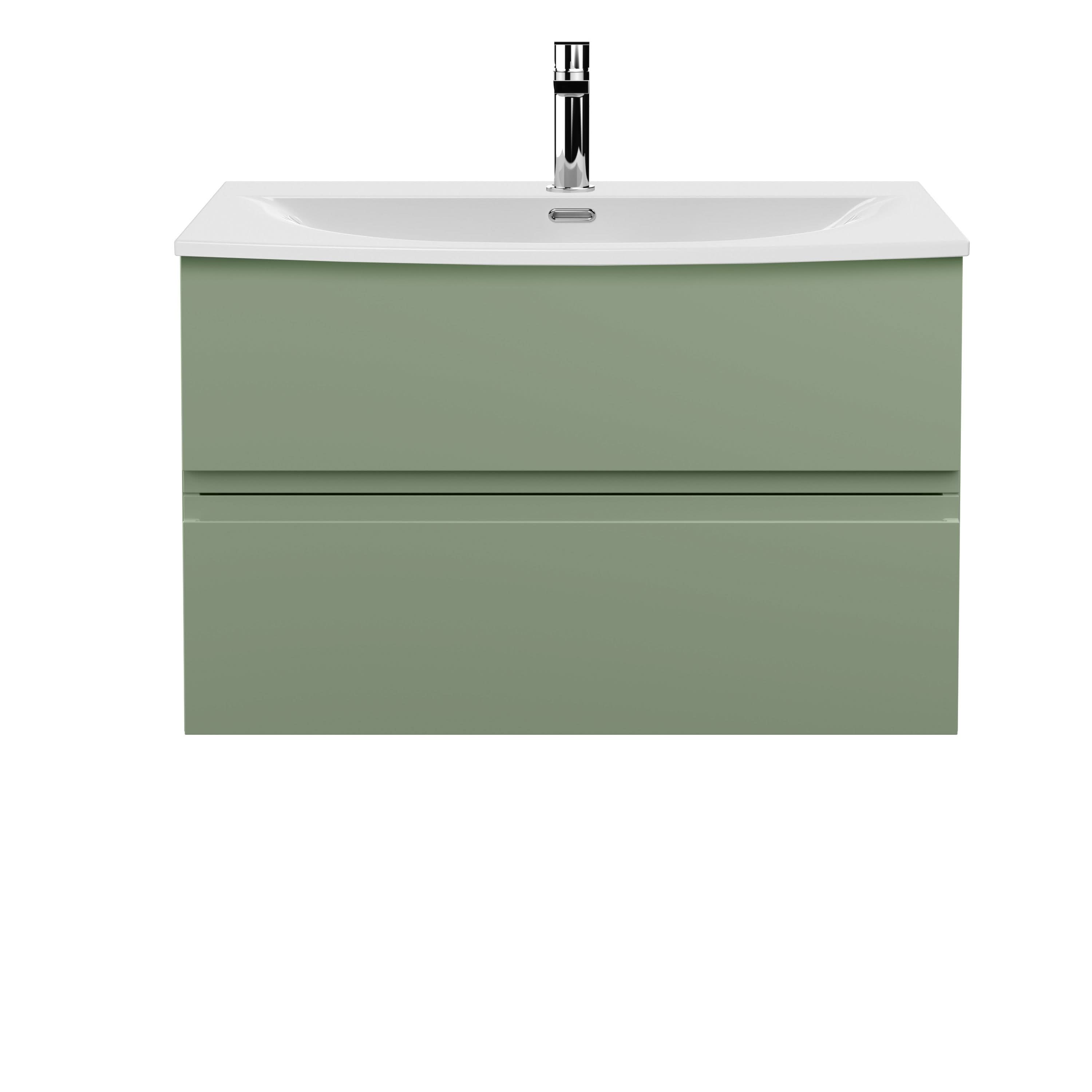 Hudson Reed Urban Wall Hung 2 Drawer Vanity Unit with Curved Ceramic Basin, Modern Bathroom Furniture in Satin Green, 800mm