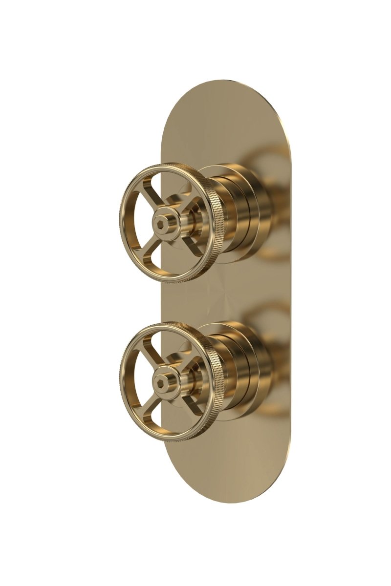 Hudson Reed Industrial Twin Thermostatic Concealed Shower Valve, Durable Round Backplate 2 Crosshead Handle with Vertical/Horizontal Fit in Brushed Brass