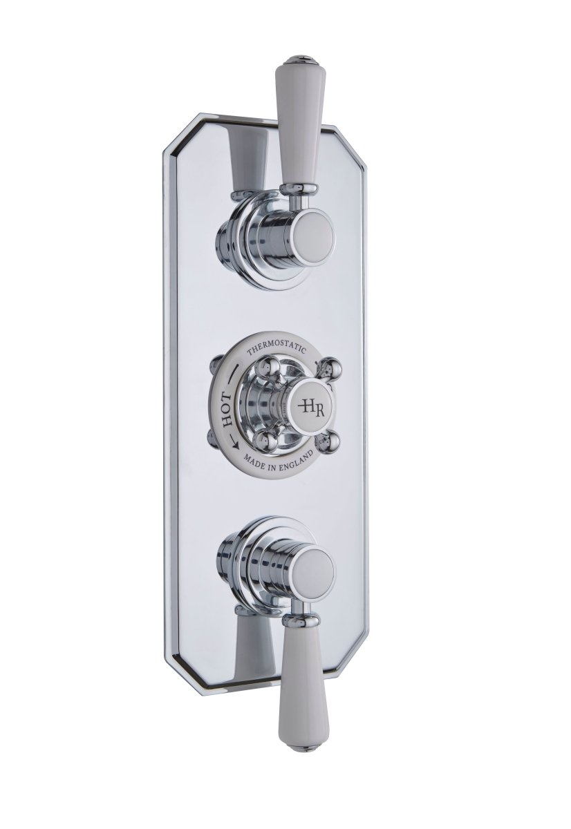 Old London White Topaz Twin Thermostatic Concealed Shower Valve, Durable Crosshead Handle and Dual Topaz Lever Traditional Bathroom and Shower Accessories in Chrome