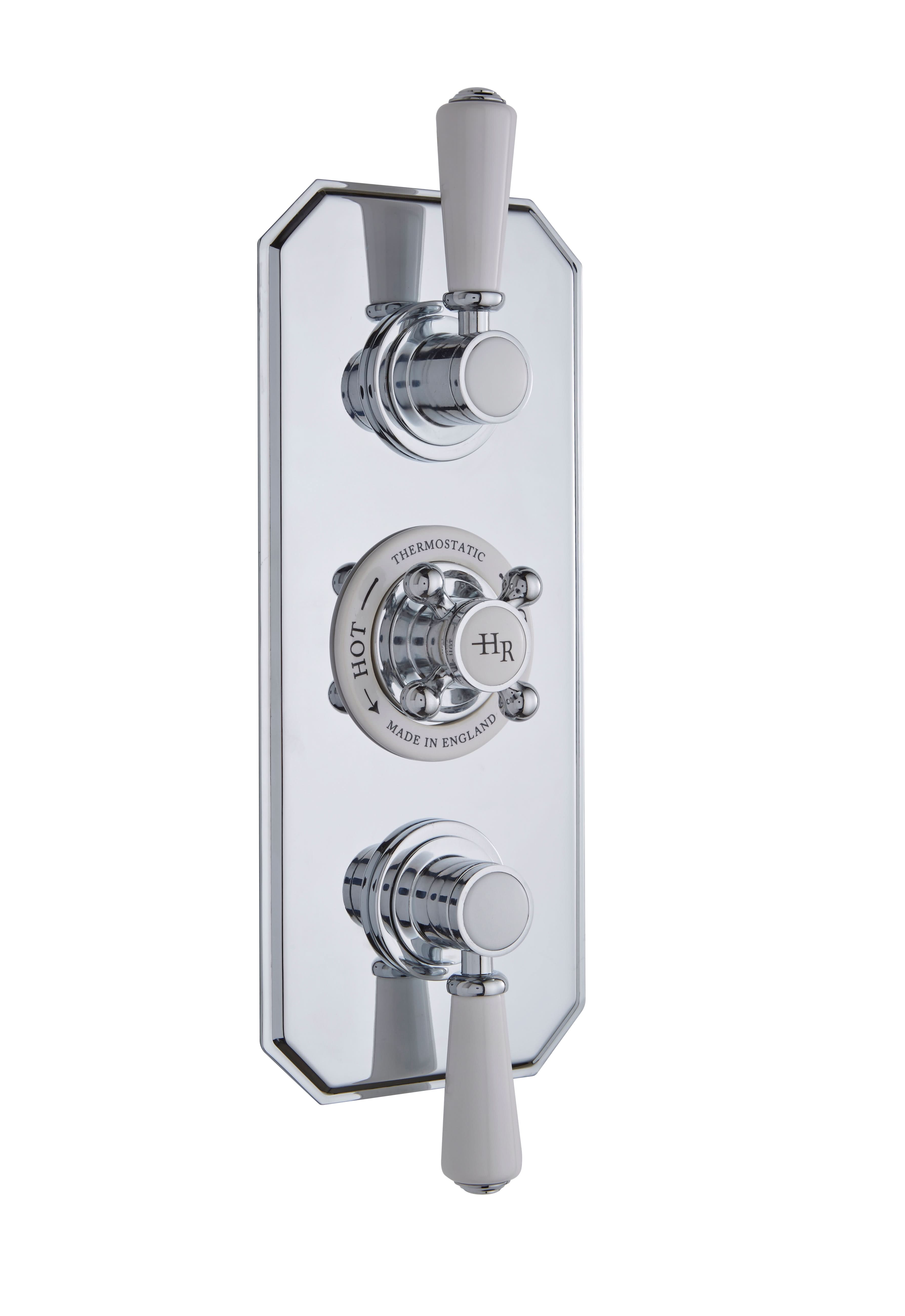 Old London White Topaz Twin Thermostatic Concealed Shower Valve with Diverter, Durable Crosshead Handle and Dual Topaz Lever Traditional Bathroom and Shower Accessories in Chrome