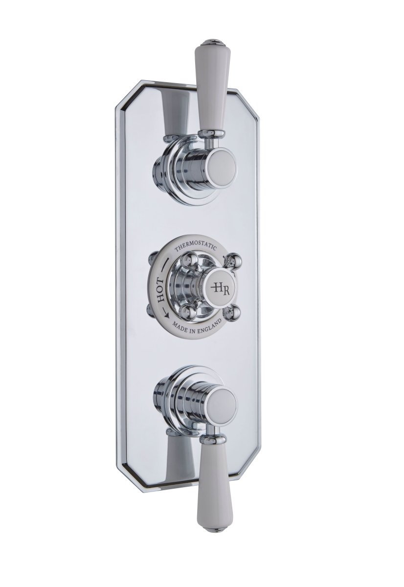 Old London White Topaz Twin Thermostatic Concealed Shower Valve with Diverter, Durable Crosshead Handle and Dual Topaz Lever Traditional Bathroom and Shower Accessories in Chrome