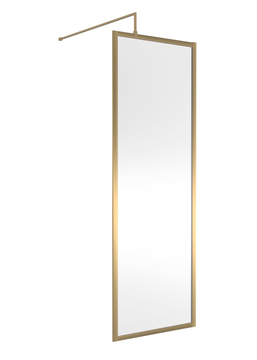 Hudson Reed Full Outer Frame Wetroom Screen, Toughened Glass with Support Bar & Wetroom Shower Screen in Brushed Brass, 1950x700mm