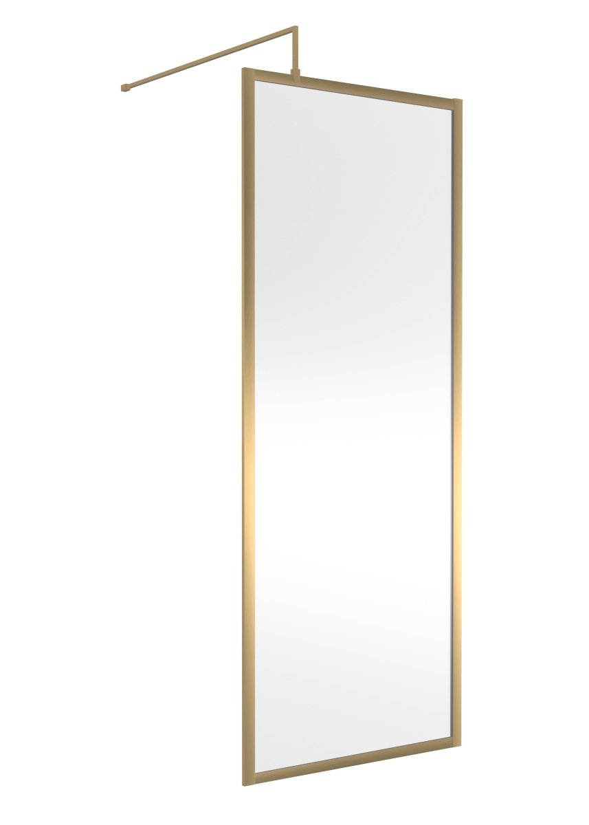 Hudson Reed Full Outer Frame Wetroom Screen, Toughened Glass with Support Bar & Wetroom Shower Screen in Brushed Brass, 1950x800mm