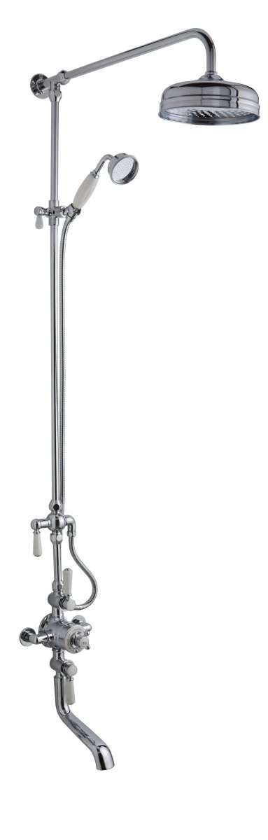Old London Triple Thermostatic Exposed Shower Valve with Rigid Riser and Topaz, 3 Crosshead Handles, Complete Set in Chrome