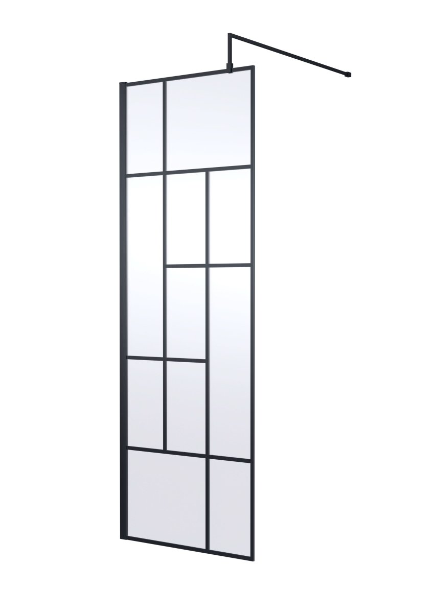 Hudson Reed Abstract Frame Wetroom Screen, Toughened Wet Room Glass Panels with Support Bar & Accessories in Matt Black, 700mm