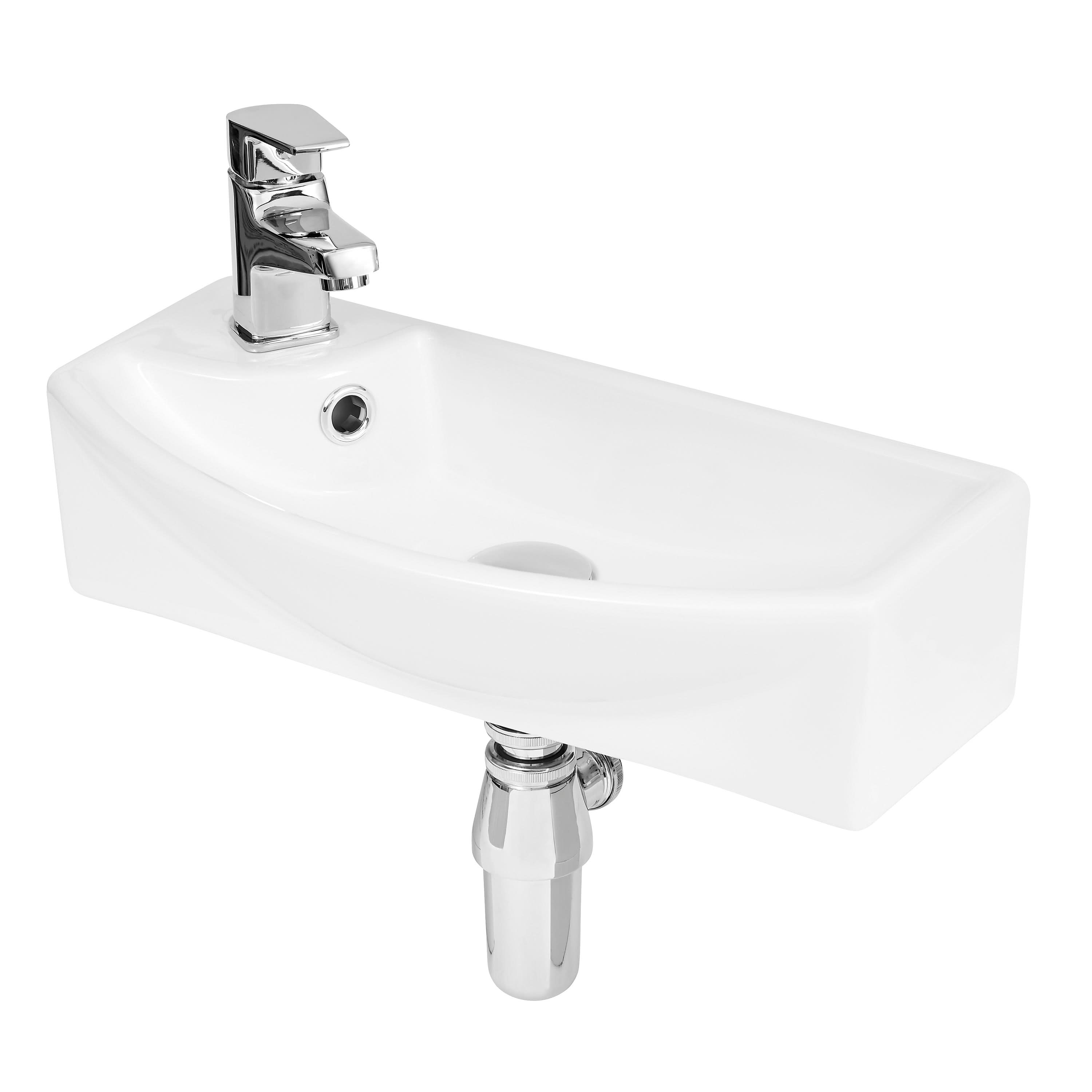 Nuie Juno Compact Curved Ceramic Basin Right Hand 1 Tap Hole, Small Wall Hung Ceramic Wash Basin, Modern Bathroom Sink, White