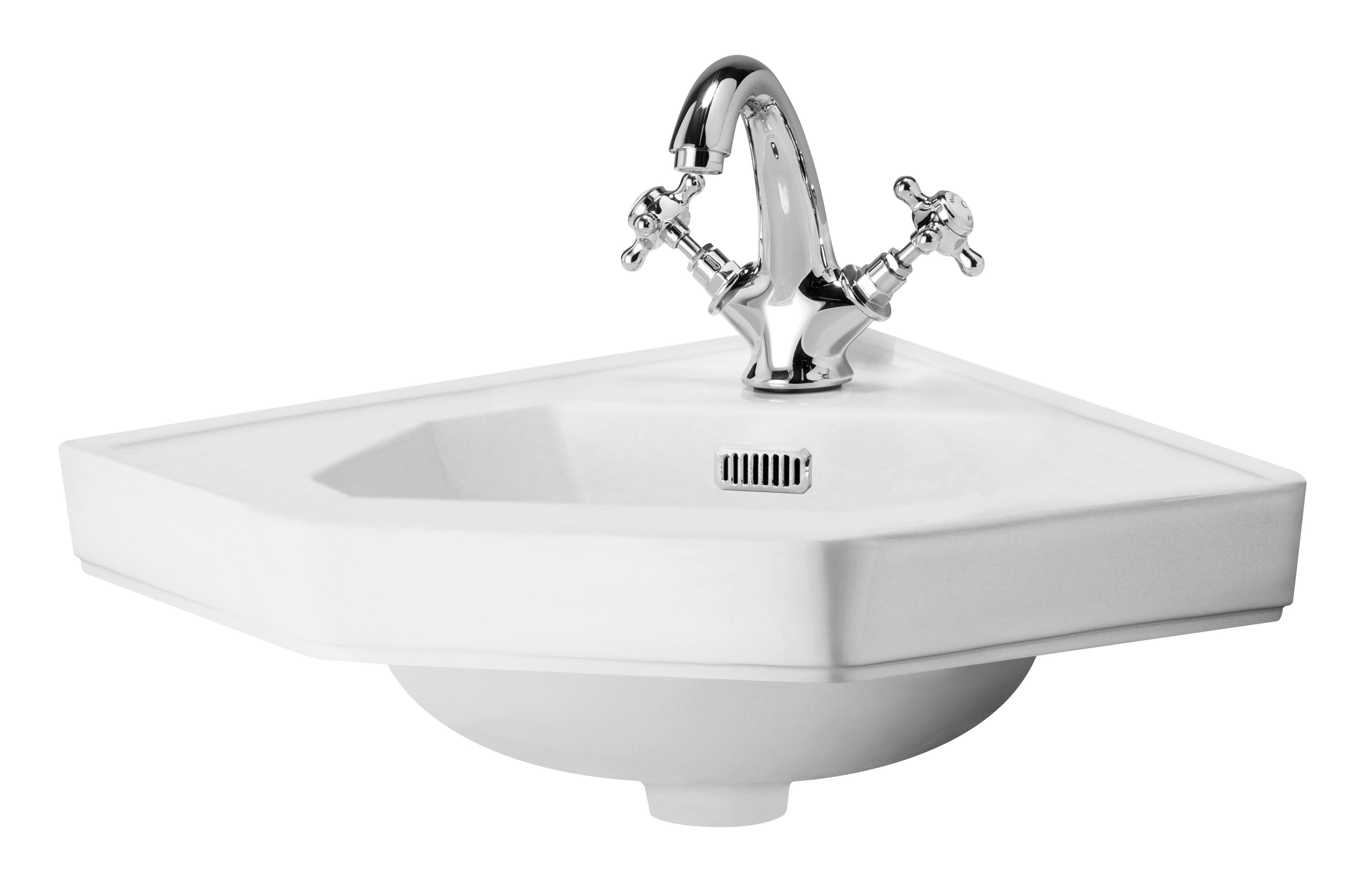 Hudson Reed Richmond Traditional Corner Basin, Wall Mounted Sink with Ceramic Construction, Soft Angular Design, Compact Small Wall Hung Bathroom Sink, 1 Tap Hole, White, 600mm