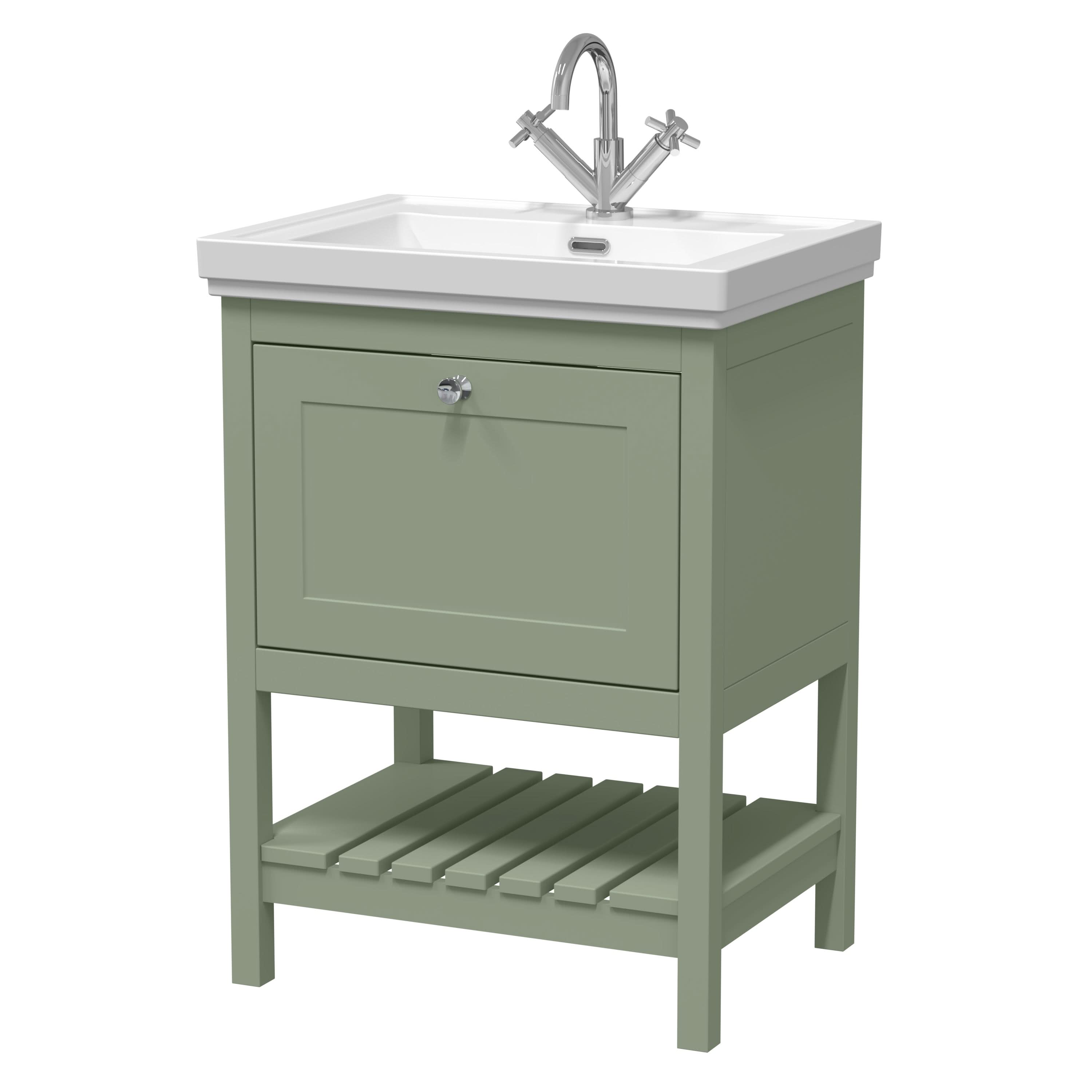 Old London Bexley Floor Standing 1 Drawer Vanity & 1 Tap Hole Fireclay Basin, Stylish Vanity Unit with Basin, Fern Green, 600mm