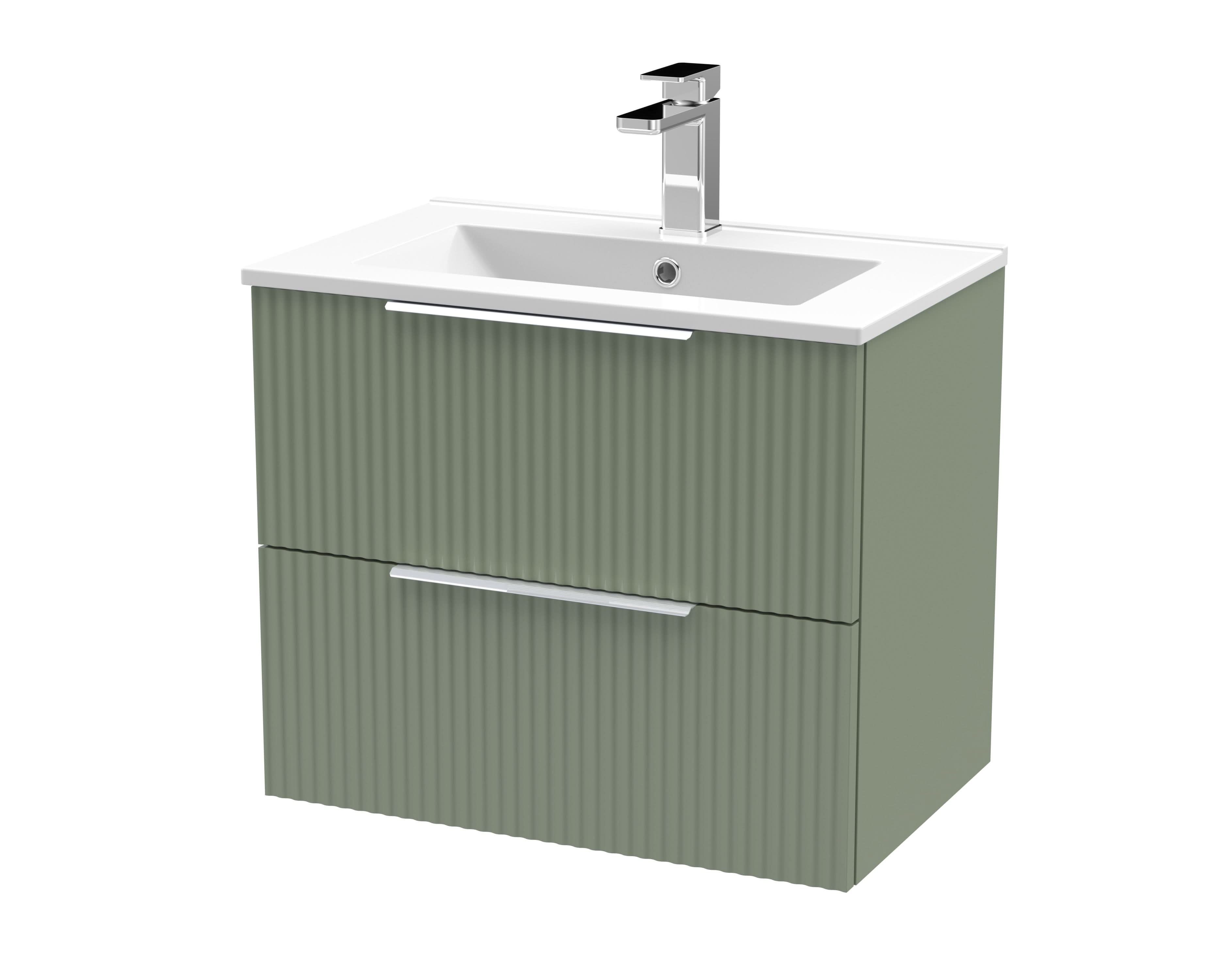 Hudson Reed Fluted Wall Hung 2-Drawer Vanity and Minimalist Basin, Contemporary Sink Vanity Unit, Satin Green, 600mm