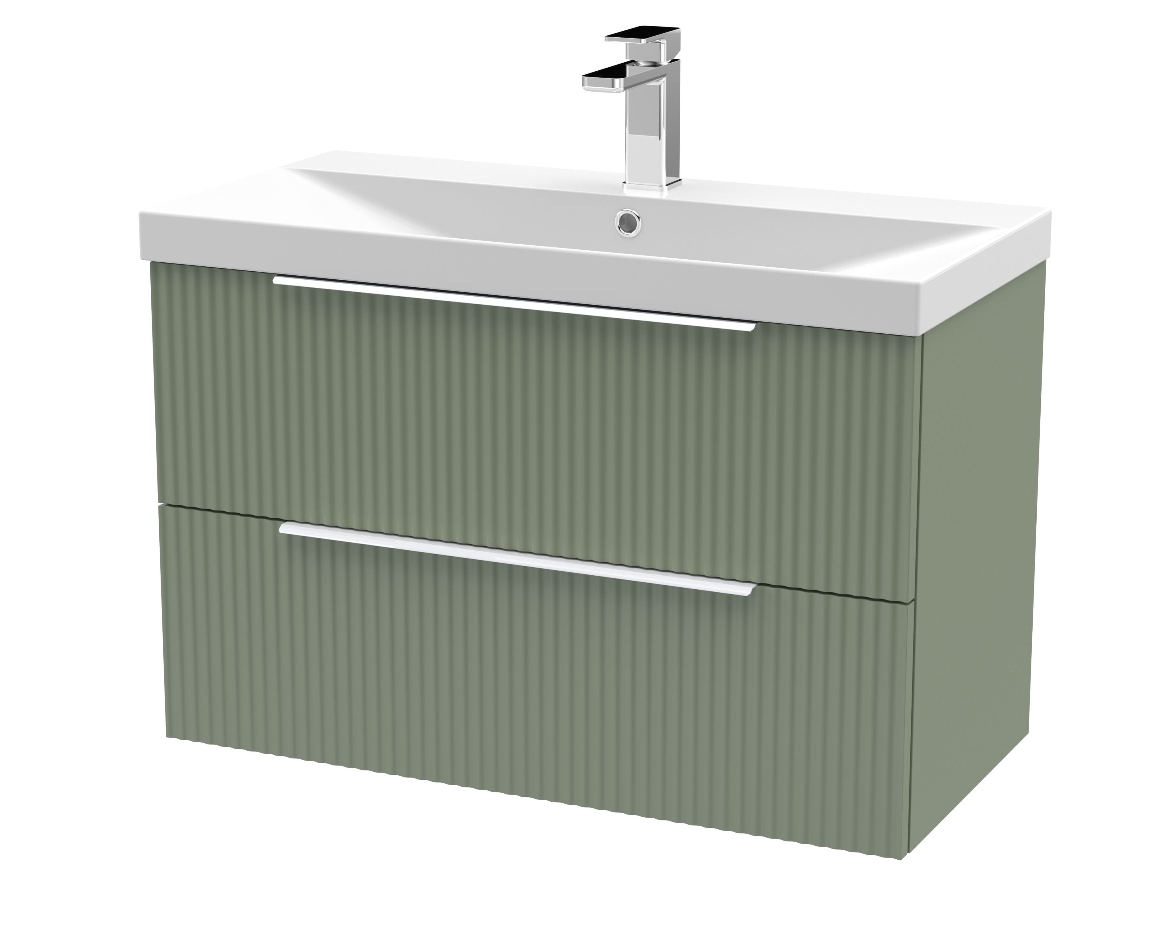 Hudson Reed Fluted Wall Hung 2-Drawer Vanity and Thin-Edge Basin, Contemporary Sink Vanity Unit, Satin Green, 800mm