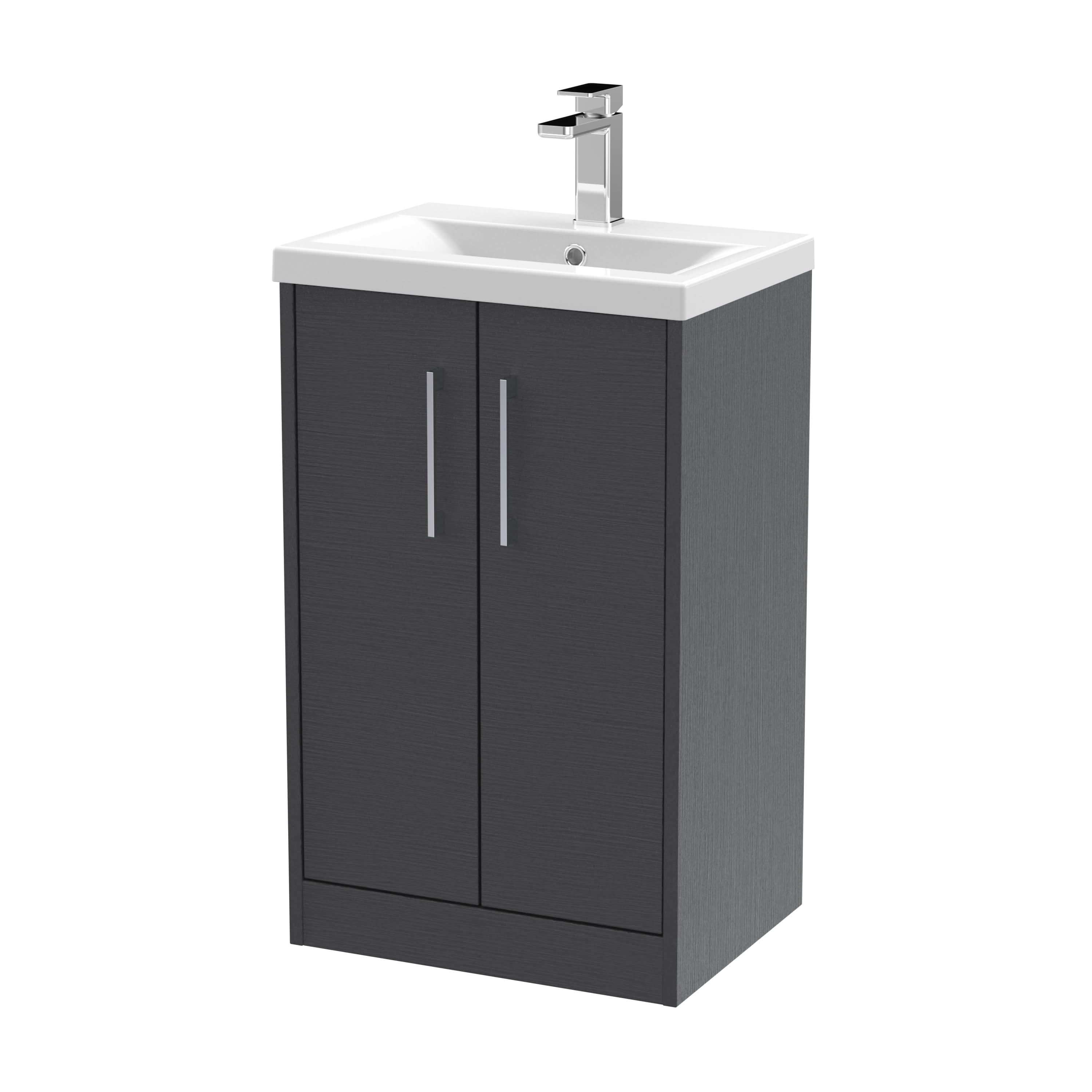Hudson Reed Juno Floor Standing 2-Door Vanity & Mid-Edge 1 Tap Hole Basin, Elegant Sink Vanity Unit, Graphite Grey Woodgrain, 500mm