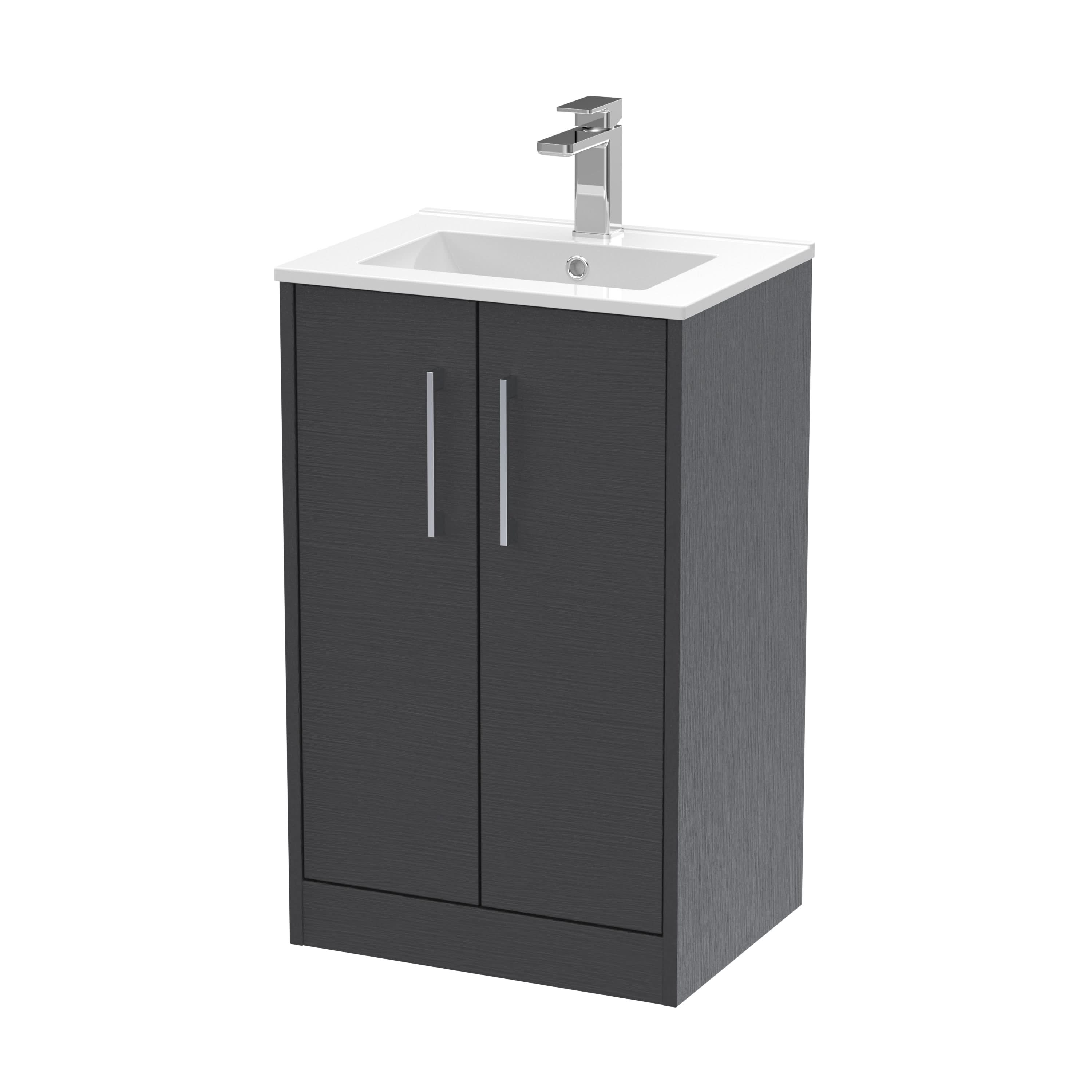 Hudson Reed Juno Floor Standing 2-Door Vanity & Minimalist 1 Tap Hole Basin, Elegant Sink Vanity Unit, Graphite Grey Woodgrain, 500mm