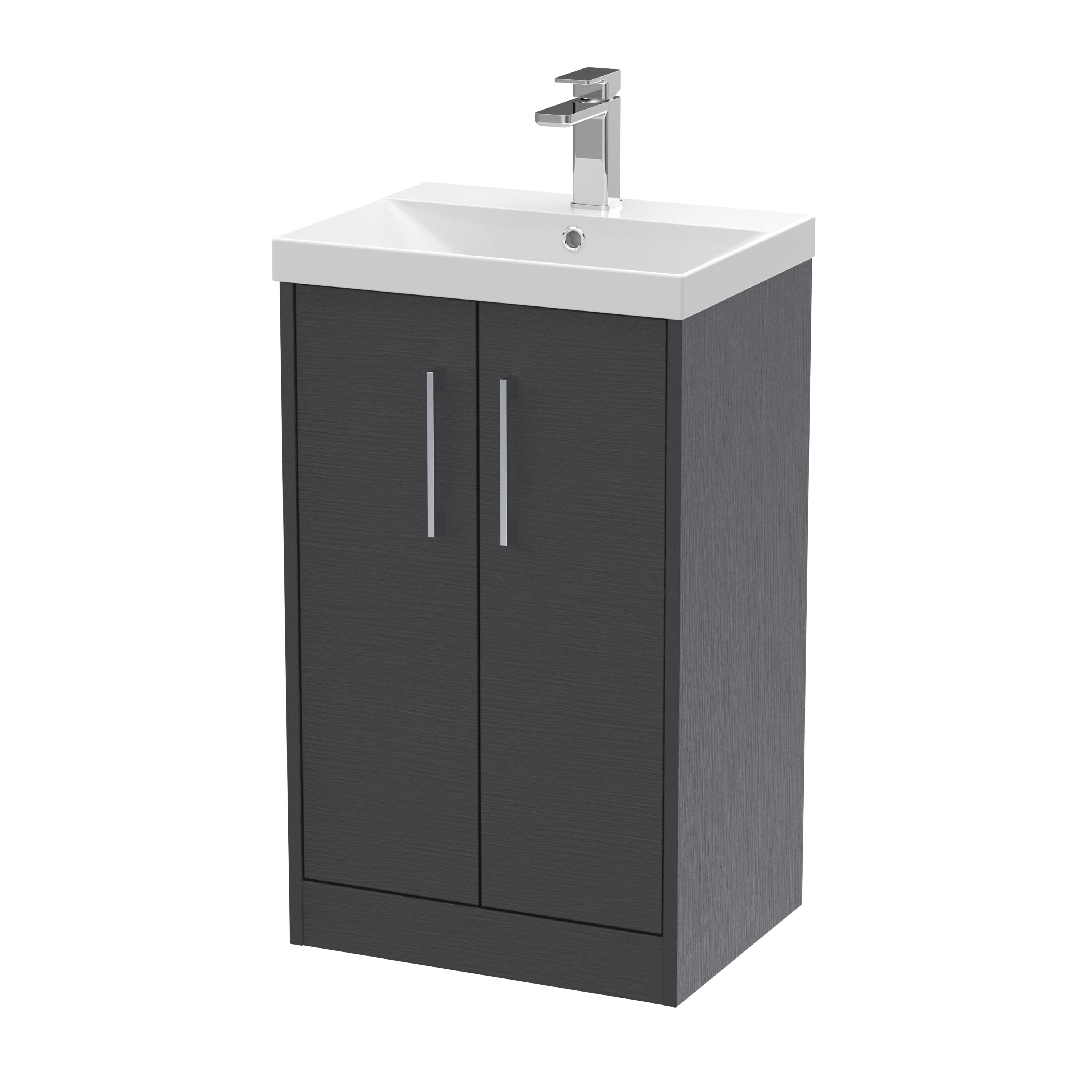 Hudson Reed Juno Floor Standing 2-Door Vanity & Thin-Edge 1 Tap Hole Basin, Elegant Sink Vanity Unit, Graphite Grey Woodgrain, 500mm