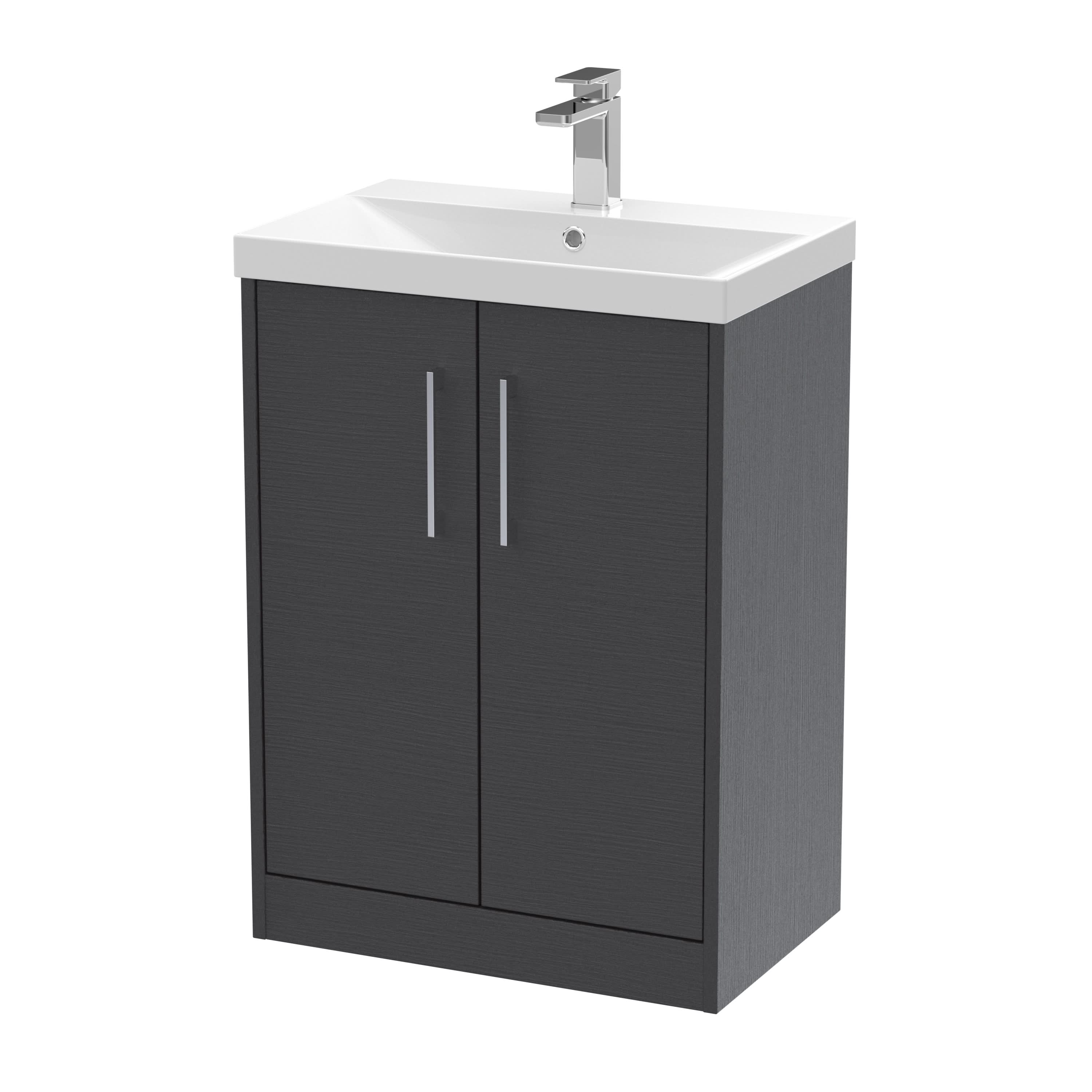 Hudson Reed Juno Floor Standing 2-Door Vanity & Thin-Edge 1 Tap Hole Basin, Elegant Sink Vanity Unit, Graphite Grey Woodgrain, 600mm