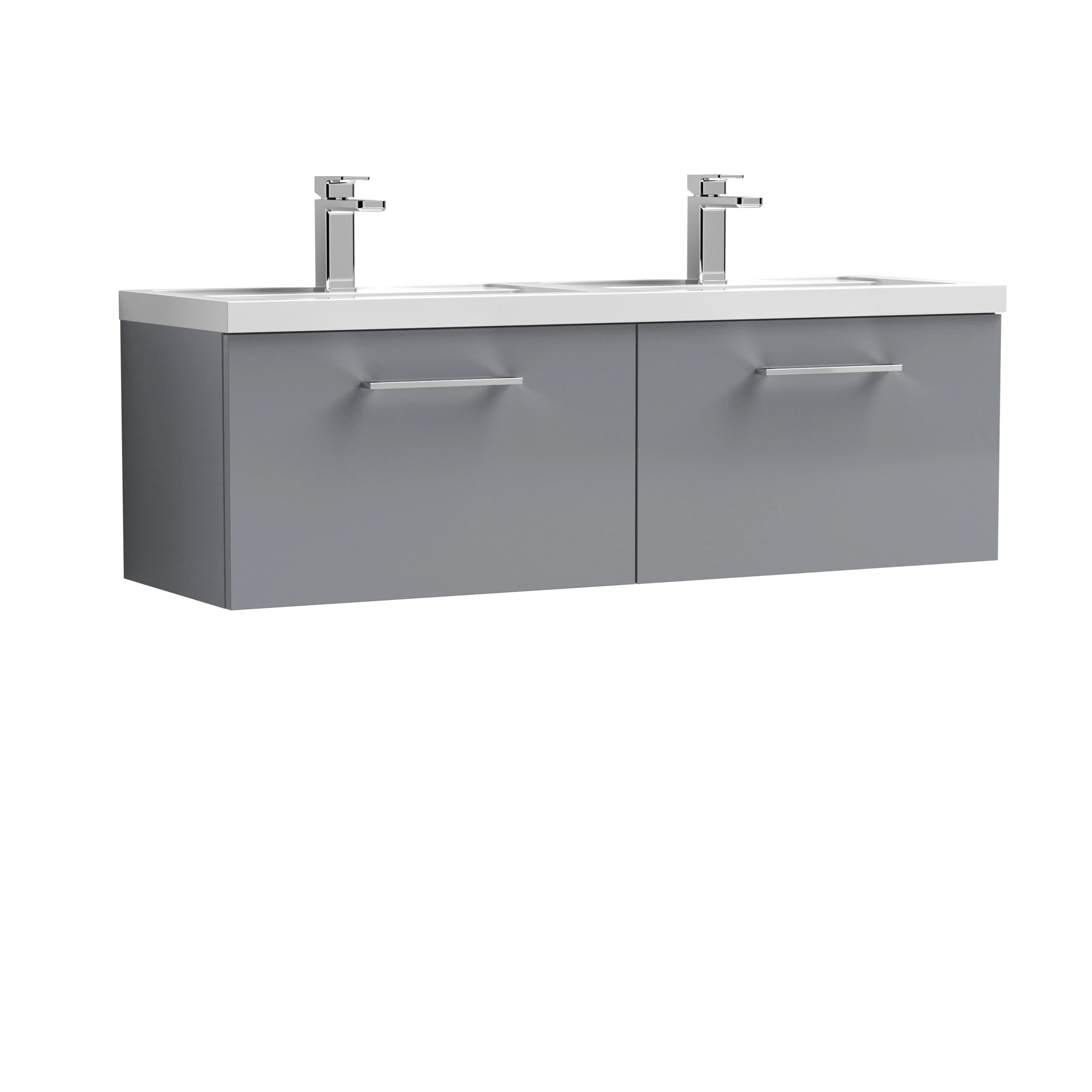 Nuie Arno Wall Hung 2 Drawer Vanity Unit & Double Polymarble Basin, Modern Sink Vanity Unit in Satin Grey, 1200mm