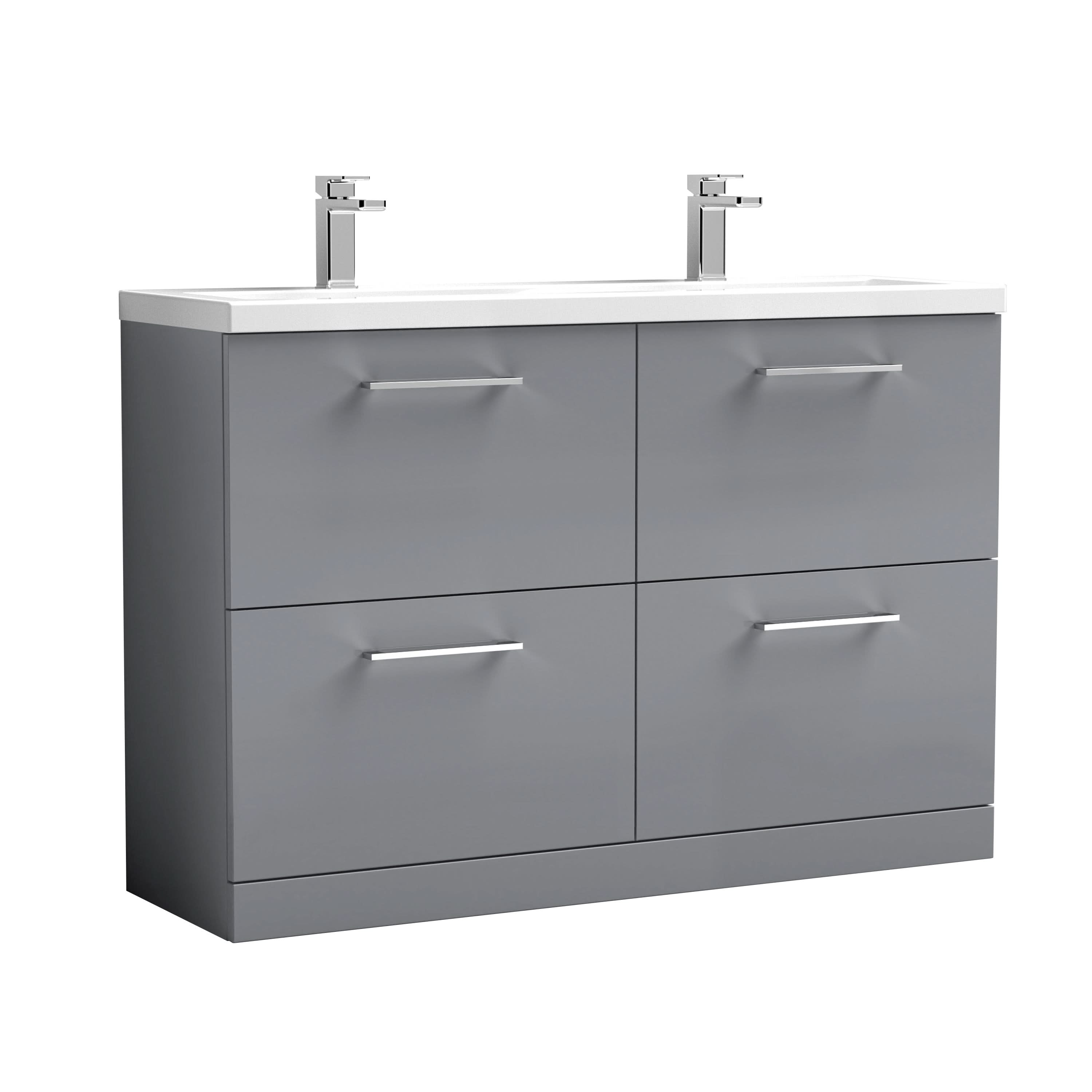 Nuie Arno Floor Standing 4 Drawer Vanity & Double Ceramic Basin, Vanity Unit with Basin, Satin Grey, 1200mm