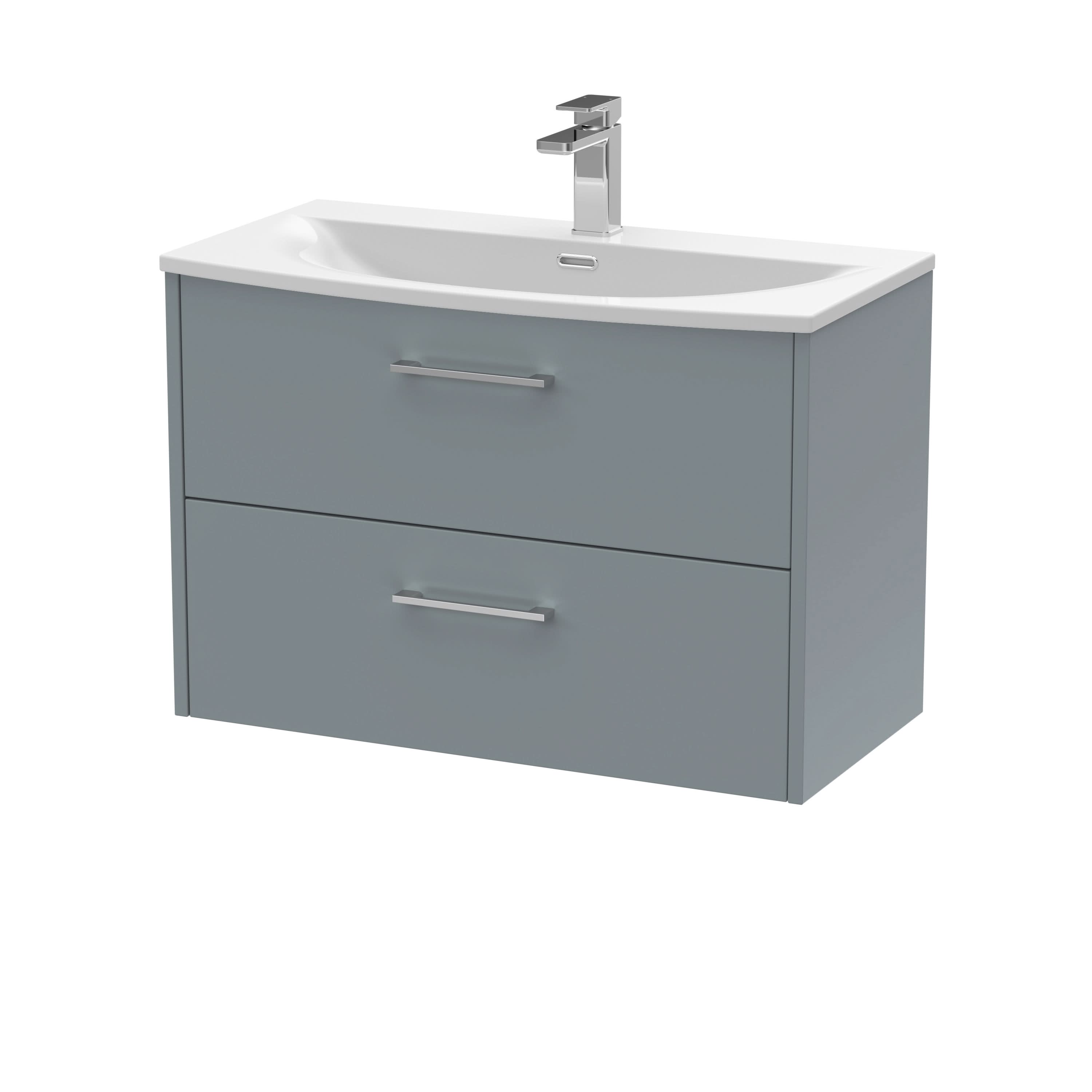 Hudson Reed Juno Wall Hung 2-Drawer Vanity and Curved 1 Tap Hole Basin, Timeless Sink Vanity Unit, Coastal Grey, 800mm
