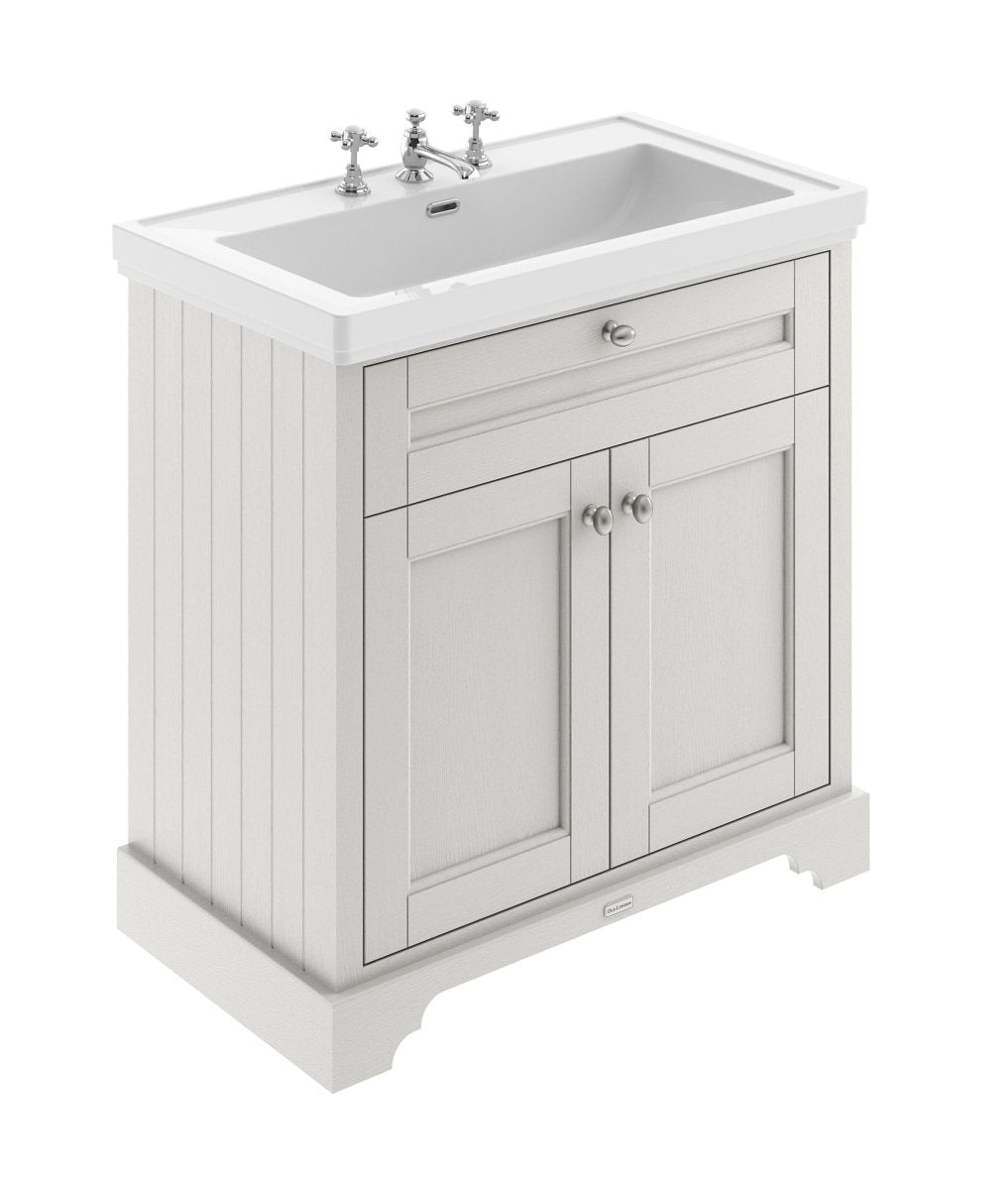 Old London Floor Standing Vanity Unit with 3 Tap Hole Fireclay Basin, Traditional Sink Vanity Unit for Bathroom, Soft Close Doors in Timeless Sand, 800mm