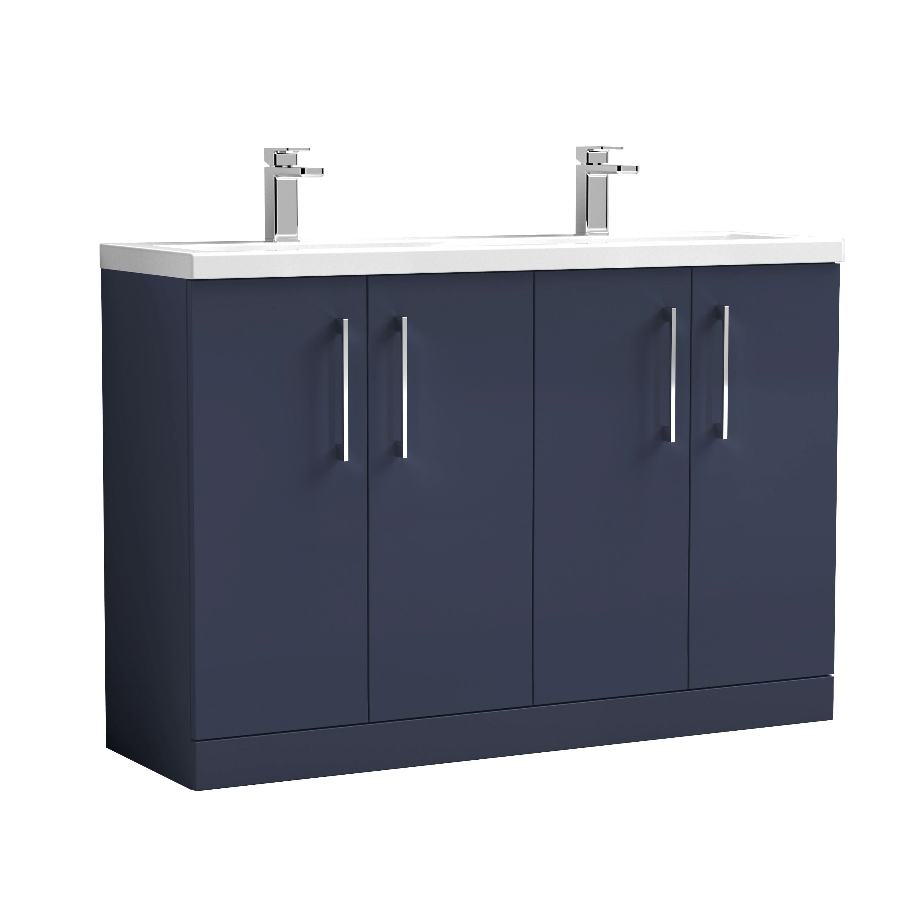 Nuie Arno Floor Standing 4-Door Vanity & Double Basin in Indigo Blue, Vanity Unit with Basin, Midnight Blue, 1200mm